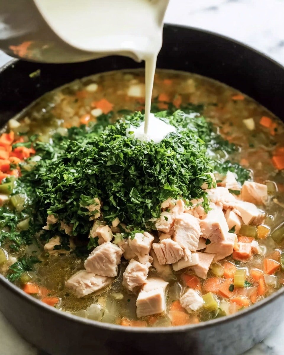 A close-up of a soup in a black pot, showing several layers: the base layer is a light brown broth with visible small diced orange carrots and celery pieces scattered throughout. Above this are evenly chopped pieces of light pink cooked chicken placed in the center. On top of the chicken is a generous pile of finely chopped fresh green herbs. A creamy white sauce is being poured over the chicken and herbs from a white pitcher, creating a smooth texture in the middle. The background shows a white marbled surface. Photo taken with an iphone --ar 4:5 --v 7