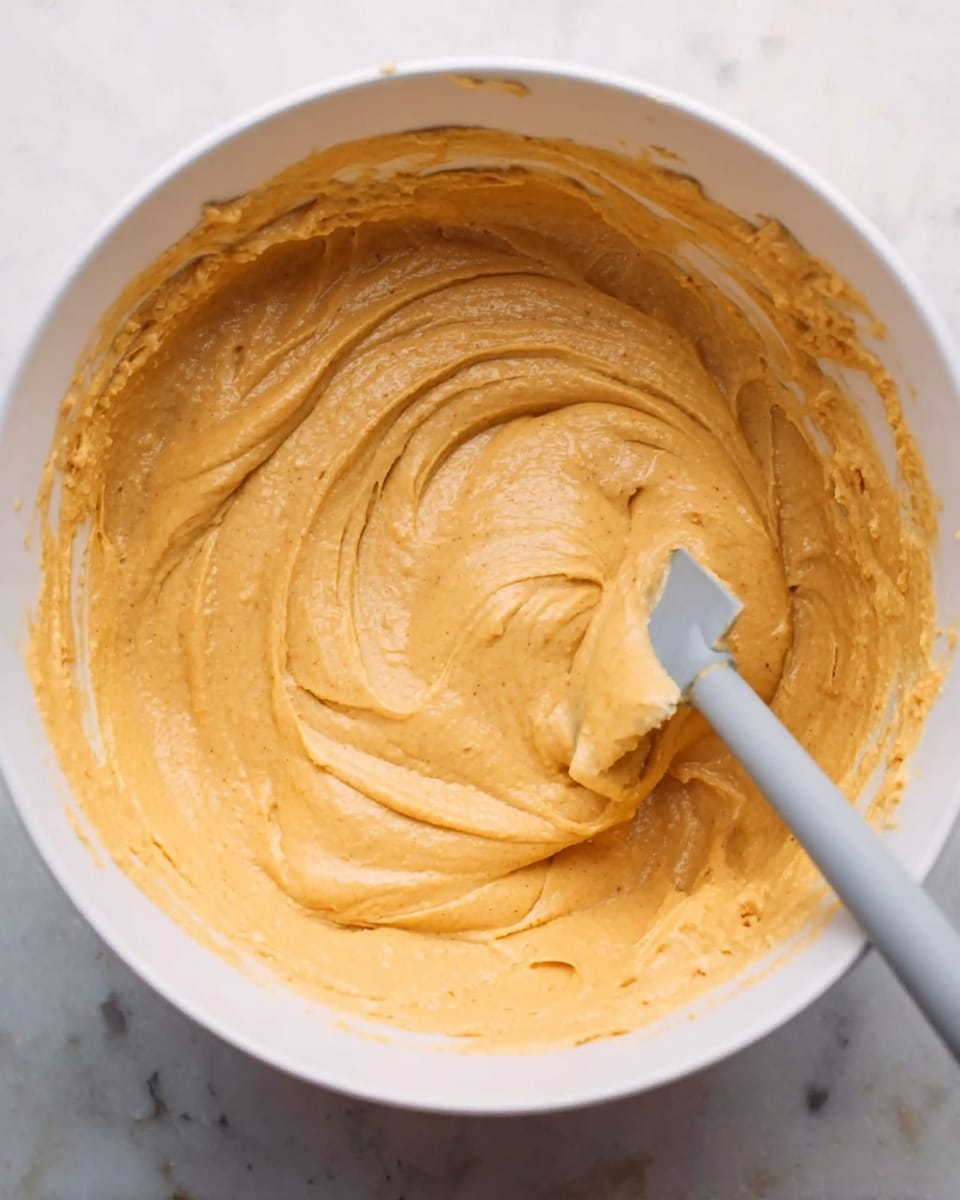 The image shows a white bowl filled with a thick, smooth, light orange batter. A light grey spatula is partially submerged in the batter on the right side, with batter sticking to its edge. The batter is creamy with soft folds and swirls that show it has just been stirred. The bowl rests on a white marbled surface. photo taken with an iphone --ar 4:5 --v 7