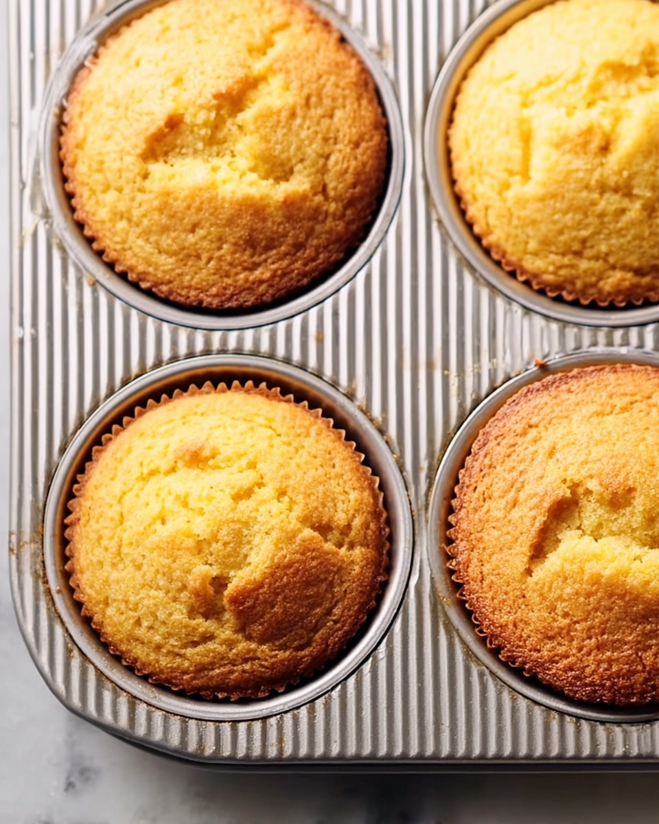 The image shows golden yellow cornbread muffins freshly baked inside a silver metal muffin tray with a striped pattern. Each muffin has a slightly rounded and cracked top with a crispy, lightly browned edge, giving a textured surface. The background is a white marbled texture that highlights the warm tones of the muffins and the shiny metal tray. photo taken with an iphone --ar 4:5 --v 7