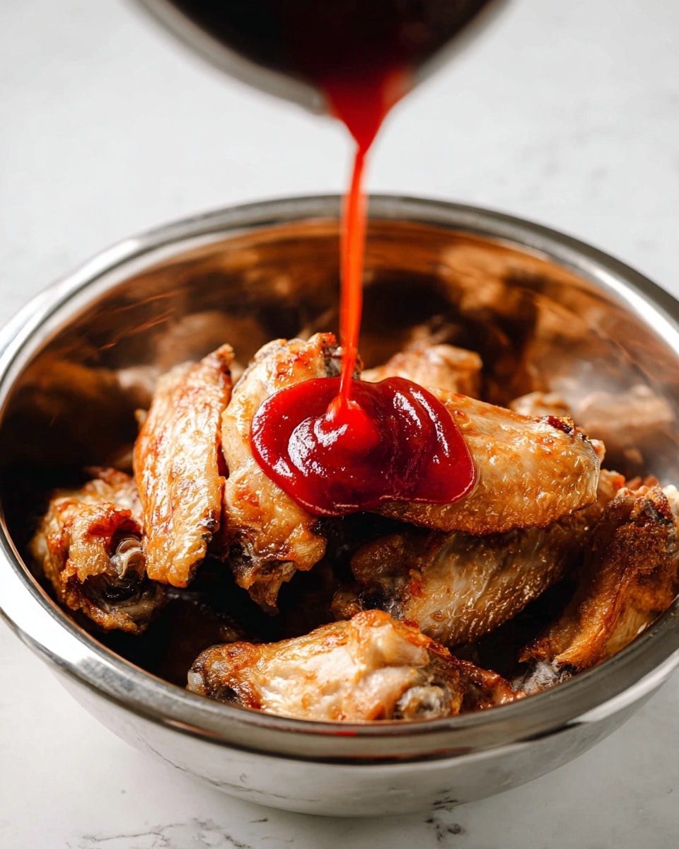 A shiny silver bowl filled with golden-brown chicken wings stacked in layers, showing their crispy skin and slight browning on the edges. A bright red sauce is being poured in a smooth stream onto the top layer of wings, creating a thick, glossy red circle of sauce that spreads slightly on the surface. The bowl sits on a white marbled texture, adding a clean and simple background to the rich colors of the wings and sauce photo taken with an iphone --ar 4:5 --v 7