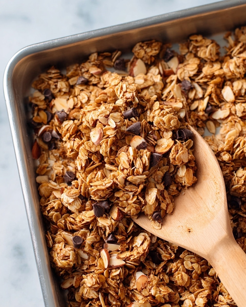 A close-up view of a metal pan filled with chunky granola clusters, showing golden-brown toasted oats mixed with sliced almonds and small dark chocolate chips scattered throughout. A wooden spoon rests inside the pan, partly covered by the granola, with its smooth light brown handle extending from the upper right corner. The pan sits on a white marbled surface, and the granola's texture appears crunchy and slightly clumped together from a binding ingredient. photo taken with an iphone --ar 4:5 --v 7