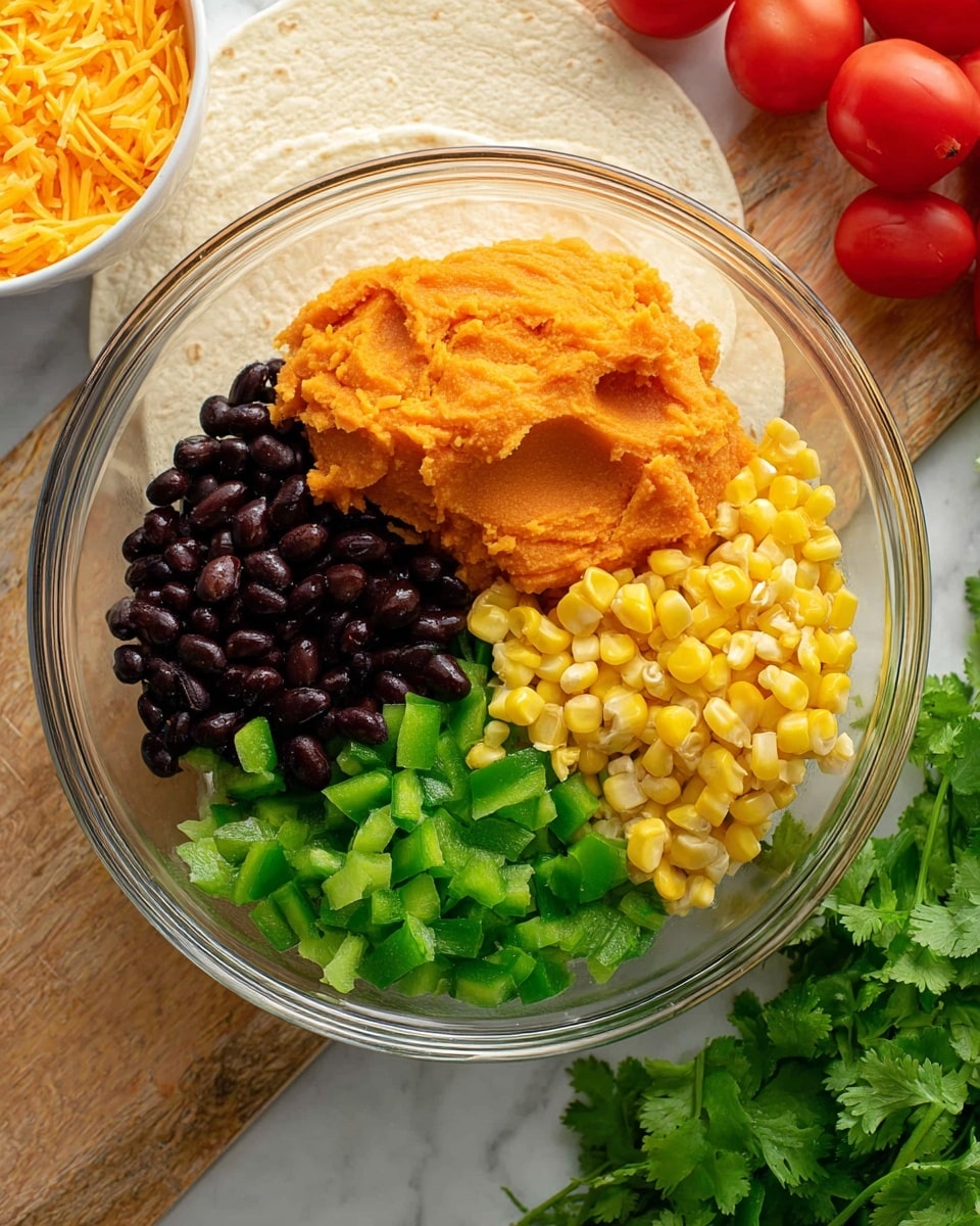 A clear glass bowl contains four distinct layers of ingredients, each placed side by side. On the top left is a mound of smooth orange mashed sweet potatoes with a soft texture. Next to it on the right is a pile of bright yellow corn kernels, glossy and firm. Below the corn is a cluster of finely chopped green bell peppers with a fresh, crisp look. On the left side, next to the peppers, are shiny black beans, smooth and rounded. The bowl sits on a white tortilla on a white marbled surface, with fresh green cilantro and red tomatoes in the background, and a portion of shredded orange cheddar cheese in a white bowl nearby. Photo taken with an iphone --ar 4:5 --v 7