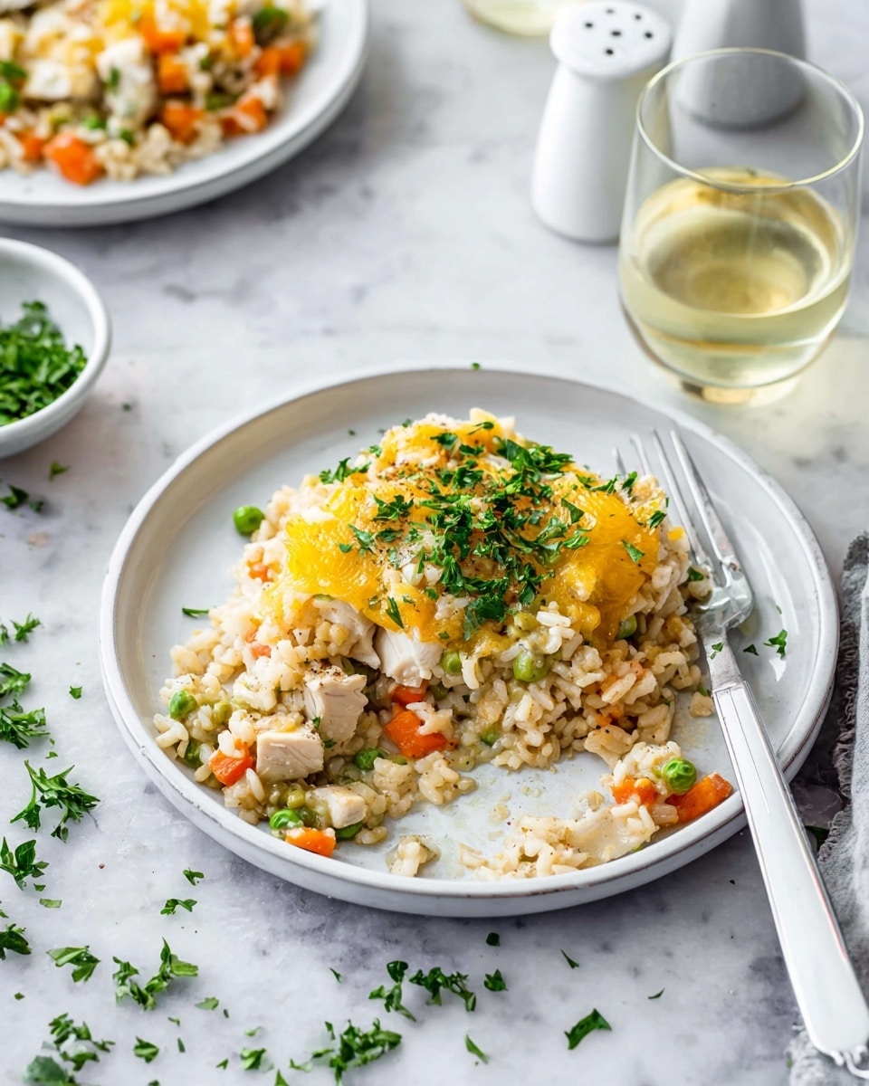 A white plate holds a serving of a dish with three main layers visible: the bottom layer is light brown rice mixed with small pieces of orange carrots and green peas, giving it a mixed texture; the middle layer consists of white chunks of cooked chicken embedded within the rice; the top layer is covered with melted yellow cheese and sprinkled evenly with fresh green parsley. A white-handled fork rests on the right side of the plate, partially digging into the rice and chicken. The plate is set on a white marbled surface with scattered bits of parsley nearby, and blurred in the background there is another white plate with the same dish and white ceramic salt and pepper shakers. Two glasses of pale yellow liquid are placed near the main plate. Photo taken with an iphone --ar 4:5 --v 7