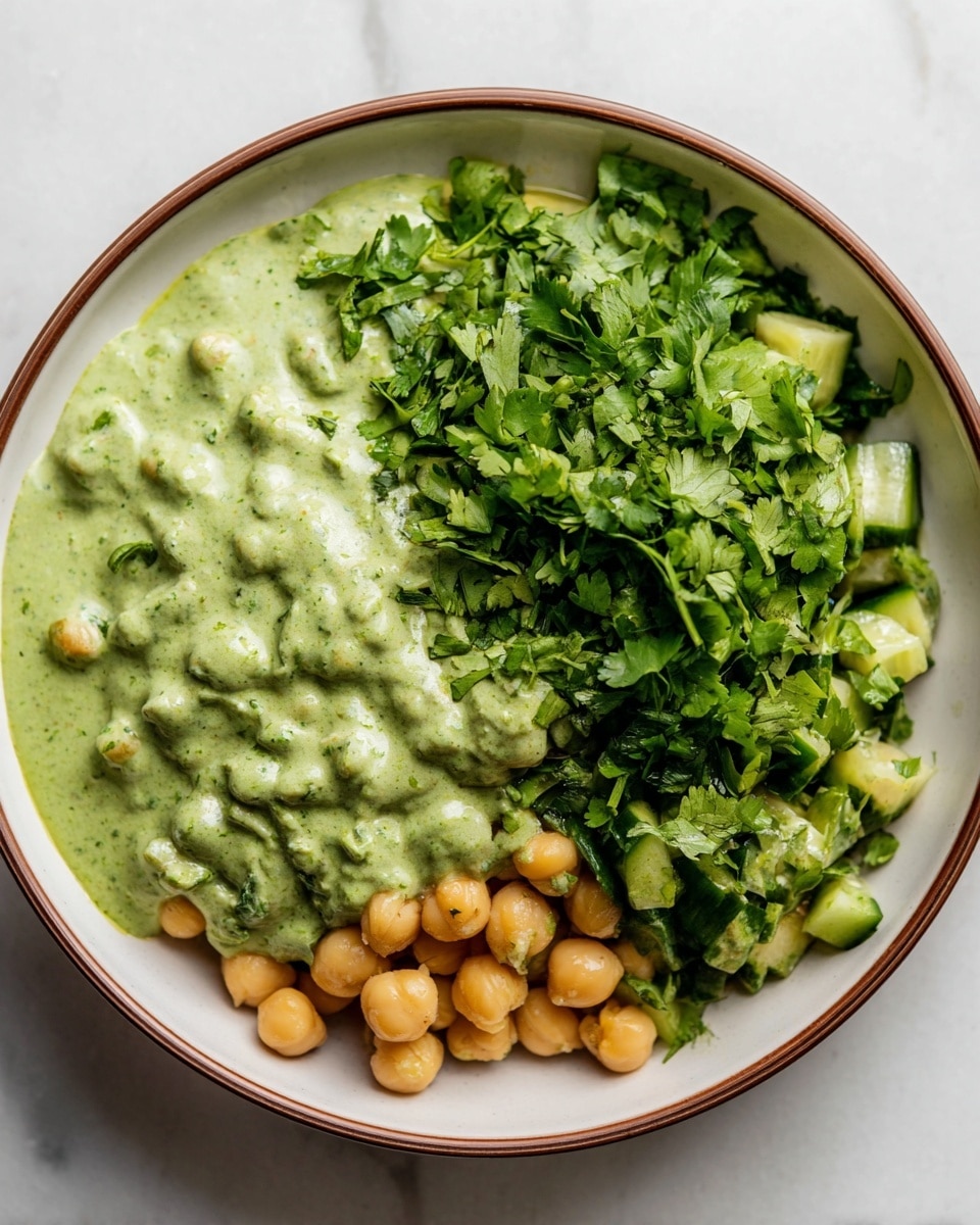 In a white bowl with a thin brown rim, the bottom layer is soft beige chickpeas, forming a round base. On one side, there is a pile of fresh green chopped cilantro leaves with light and dark shades. The top layer is a thick, creamy light green sauce with small green flecks, coating parts of the chickpeas and some chopped cucumber pieces, which are darker green with a shiny, crisp texture. The bowl sits on a white marbled surface. photo taken with an iphone --ar 4:5 --v 7
