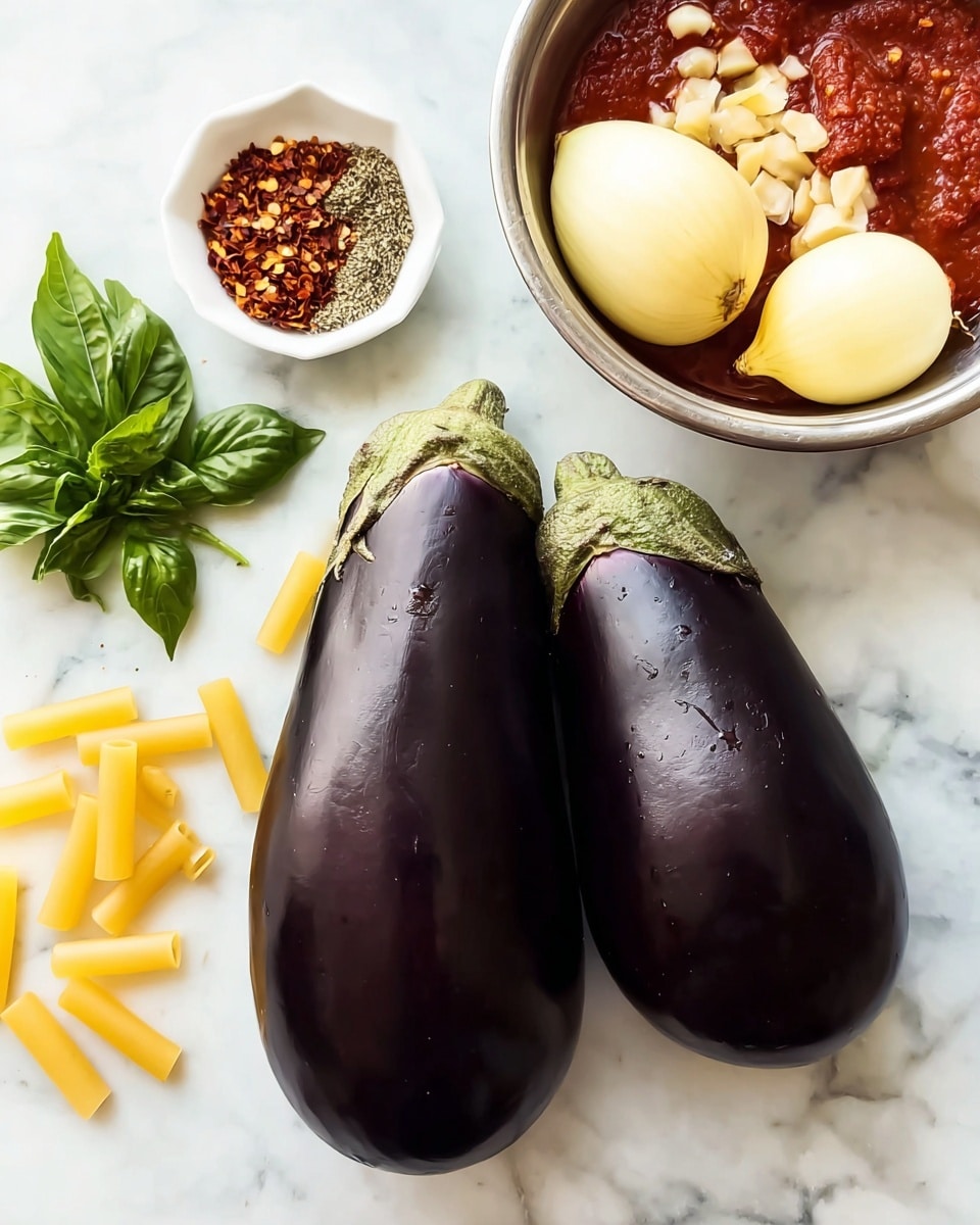 The image shows two large, shiny dark purple eggplants with green tops lying on a white marbled surface. To the left, there is a small bunch of fresh, bright green basil leaves. On the right, there is a metal bowl filled with two whole peeled yellow onions, several pieces of chopped garlic, and a mix of herbs and spices in red tomato sauce. Around the bowl, there are some uncooked yellow pasta pieces and a small white dish holding red chili flakes. Photo taken with an iphone --ar 4:5 --v 7