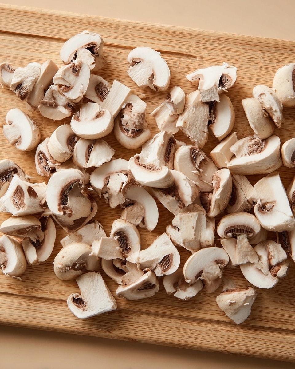 A wooden cutting board filled with many sliced white mushrooms scattered all over the surface. The mushrooms show a mix of white and light brown colors with dark brown gills visible in each piece. The background is a soft beige, and the board has smooth edges with a shallow groove running along its border. The image shows the mushrooms from above at a slight angle, highlighting their fresh texture and clean cuts photo taken with an iphone --ar 4:5 --v 7