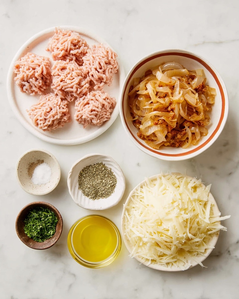 The image shows six small white dishes arranged on a white marbled surface. In the center top, there is a larger white plate holding five soft, pale pink clumps of ground meat team-shaped into narrow coils and piled loosely. To the right, a white bowl with a reddish outside rim contains a rich mix of caramelized, golden-brown sautéed onions. Below that, there is a big white plate filled with pale yellow shredded cheese, loosely piled. At the bottom center, a small white bowl contains clear yellow cooking oil. To the bottom left, a small brown bowl holds finely chopped fresh green herbs. Above that, a white bowl holds three sections of dry spices: white salt, off-white garlic powder, and green dried herbs like oregano. Photo taken with an iphone --ar 4:5 --v 7
