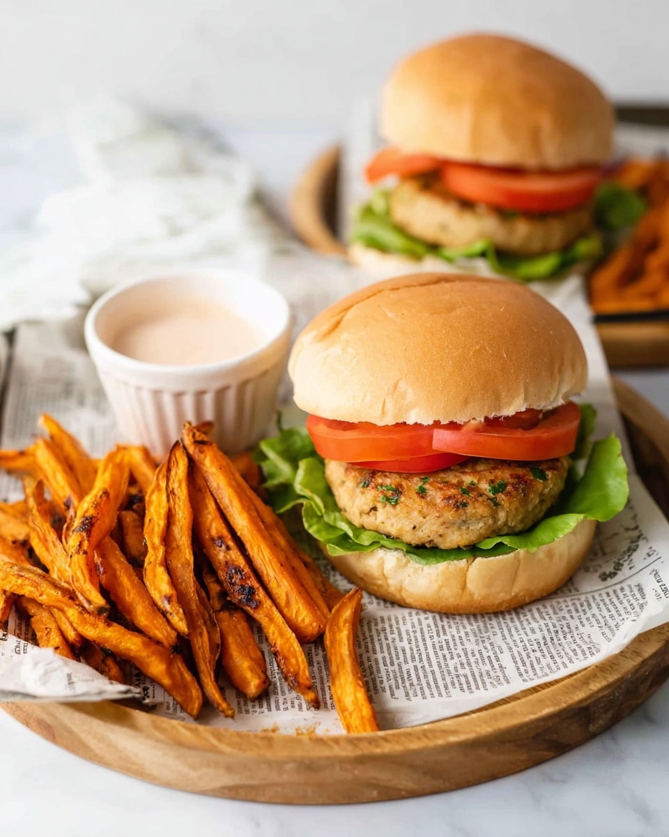 The image shows a sandwich and fries served on a round white plate with a piece of newspaper-style paper underneath. The sandwich has a soft, lightly browned bun on top and bottom. Inside, there is a layer of green lettuce, two slices of bright red tomato, and a round, grilled patty with a light golden color and visible herbs. Next to the sandwich, there is a pile of orange sweet potato fries with some darker spots from roasting. A small white cup with pale pink sauce is placed near the fries. In the background, there is a second sandwich slightly out of focus. The plate is placed on a light wooden board, and the whole scene is set on a white marbled surface. photo taken with an iphone --ar 4:5 --v 7