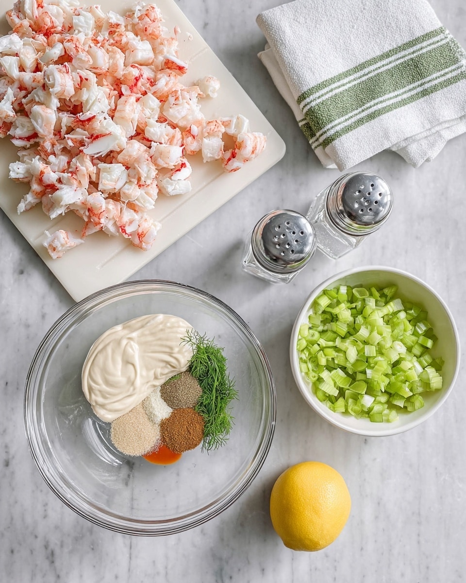 The image shows a white cutting board at the top left filled with small pieces of pink and white crab meat and pink shrimp. Below the cutting board, there is a clear glass mixing bowl with four separate ingredients inside: creamy white mayonnaise, green dill, brown spice, and a few drops of orange sauce. To the bottom right, a white bowl holds light green chopped celery and spring onions. Half a bright yellow lemon sits near the bottom center on a white marbled surface. Two clear glass salt and pepper shakers are placed near the top right of the mixing bowl. A white towel with green stripes is folded on the left side. The photo taken with an iphone --ar 4:5 --v 7