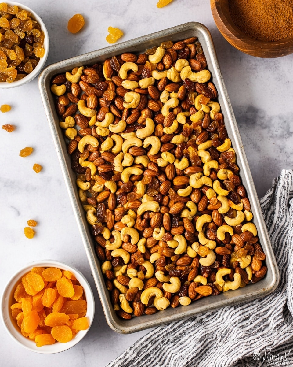 A silver tray full of roasted mixed nuts with two types: brown almonds and light brown cashews. The nuts cover the tray evenly, showing a slight shine from roasting oil or spices. Next to the tray are two small white bowls, one with golden raisins and the other with small, bright orange dried apricot pieces. The background is a white marbled texture with a wooden bowl filled with ground spices partially visible at the top right. A white and black striped cloth is partly under the tray. photo taken with an iphone --ar 4:5 --v 7