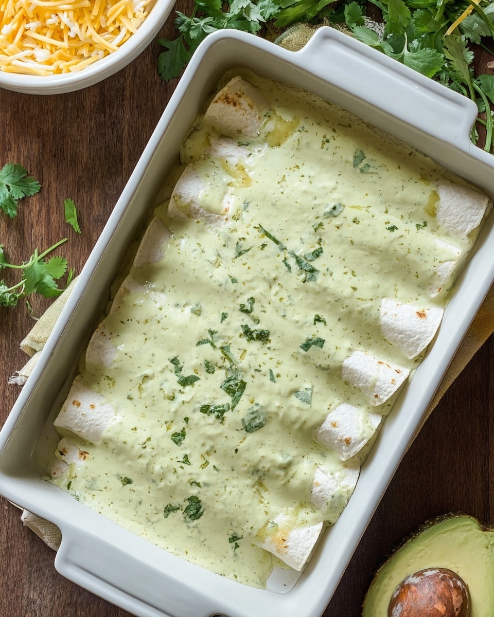 A white rectangular baking dish holds six rolled white tortillas arranged side by side in a single layer, nearly filling the dish. The tortillas are covered with a thick, creamy light green sauce that has a slightly chunky texture with small flecks of herbs spread unevenly over the top. The dish is placed on a wooden surface with visible fresh green cilantro leaves nearby. In the top left corner, a white bowl contains shredded yellow and white cheese. The top right corner shows part of a halved avocado with a dark brown seed, sitting on its textured brown skin. The scene is bright and fresh with simple natural colors. Photo taken with an iphone --ar 4:5 --v 7