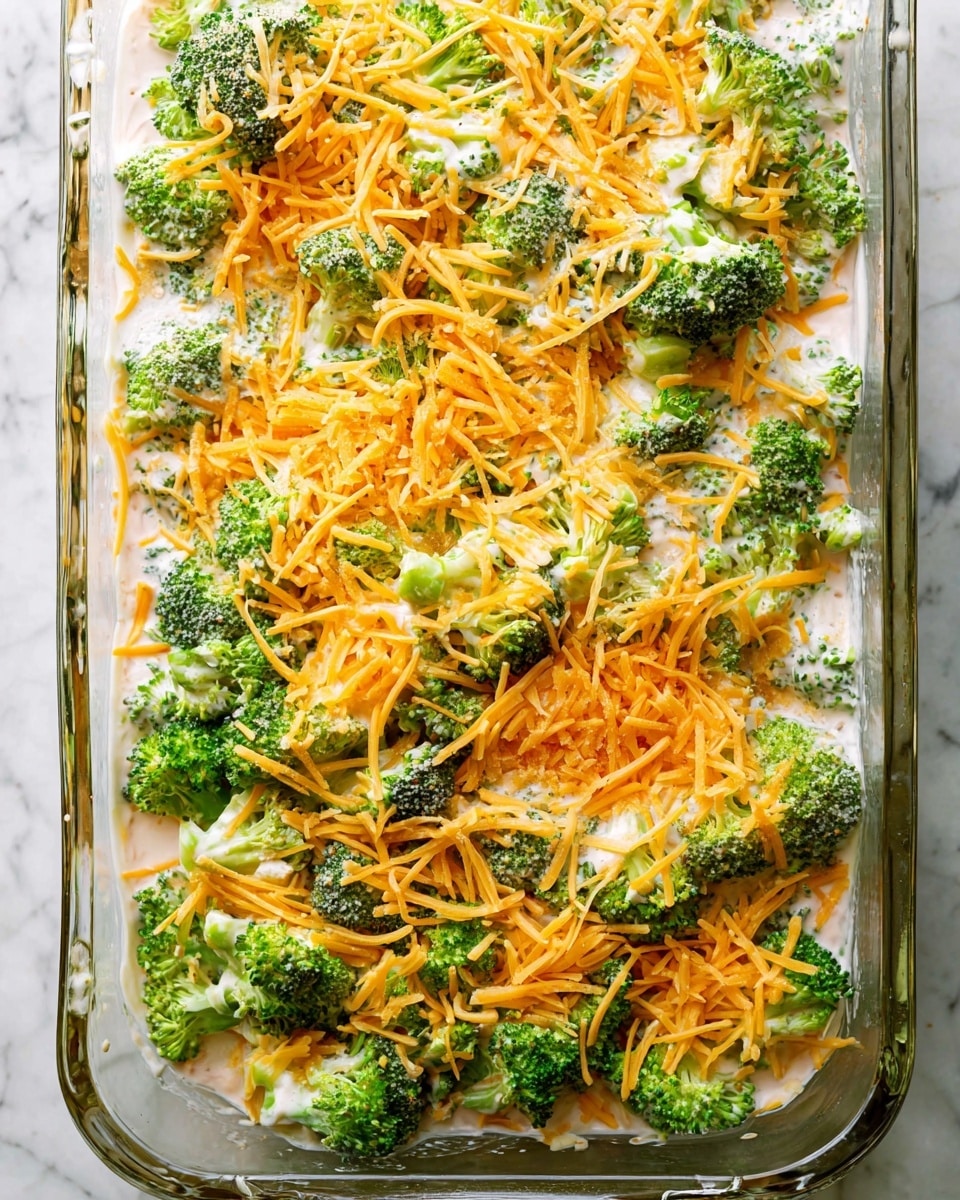The dish is shown in a clear glass baking tray filled with layers. The bottom layer consists of bright green broccoli florets spread evenly. On top of the broccoli, there is a creamy white sauce with a slightly pink tone, creating a smooth and slightly thick texture. Sprinkled over the sauce are thin, shredded orange-yellow cheese pieces scattered unevenly across the surface. The whole dish looks fresh with the vibrant green and creamy white spreading among the cheese shreds, all set on a white marbled texture background. Photo taken with an iphone --ar 4:5 --v 7