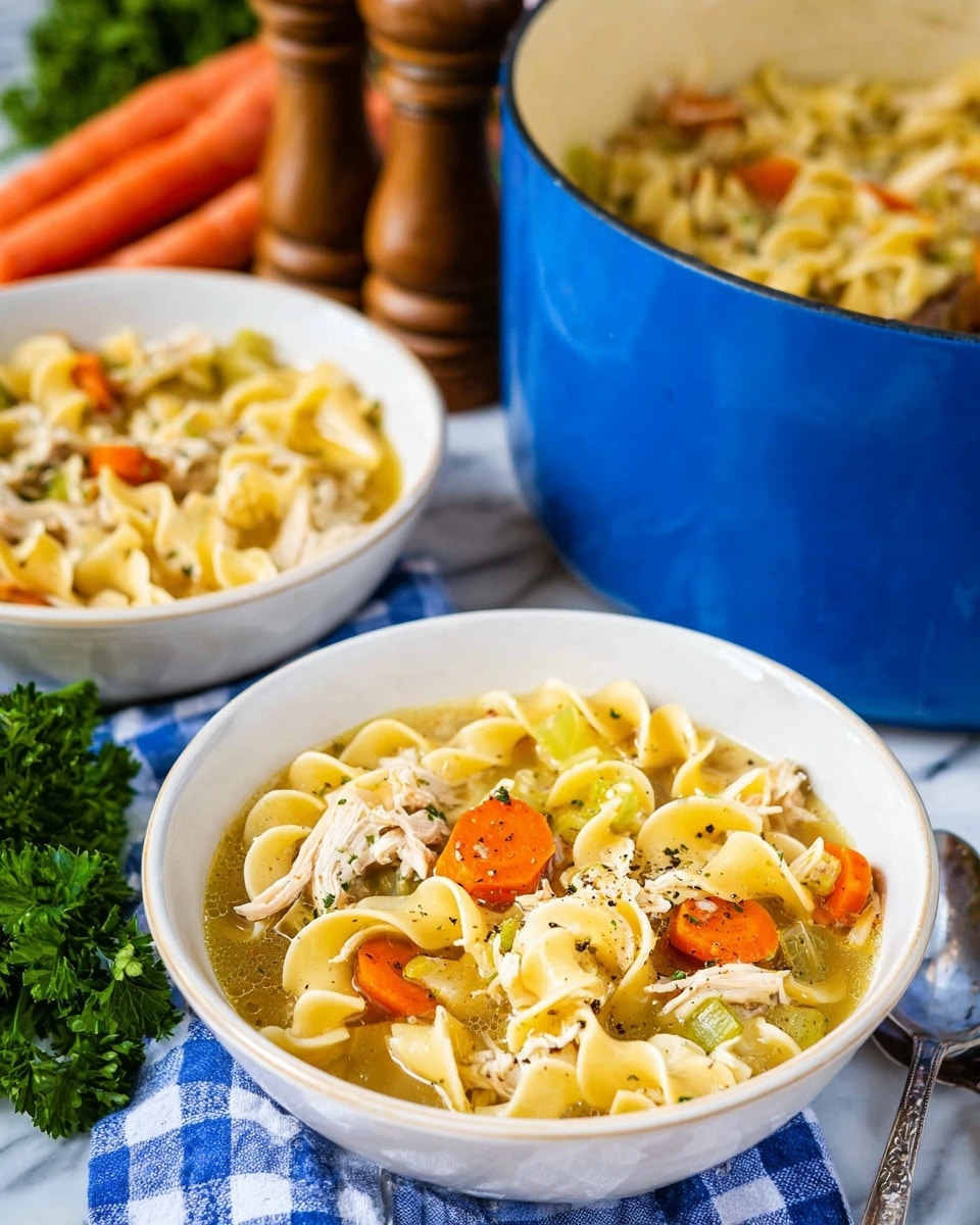Two white bowls filled with a light chicken noodle soup sit on a white marbled surface. The soup has wide, curled yellow egg noodles mixed with small chunks of shredded chicken and diced vegetables like bright orange carrots and light green celery. A sprinkle of black pepper is visible on top of the soup, adding texture. Behind the bowls, a large blue pot with the same soup is partly visible, along with fresh carrots, wooden pepper mills, and green parsley. The bowls rest on a blue and white checkered cloth, and the overall scene has fresh and warm tones. photo taken with an iphone --ar 4:5 --v 7