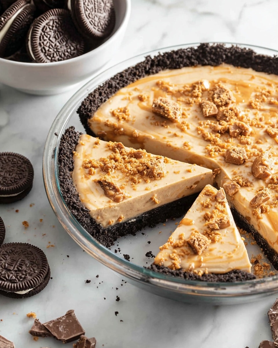 A pie with three visible slices shows two layers: a thin, dark brown crumb crust at the bottom and a thick, smooth, light caramel-colored filling on top. The filling is topped with small, uneven pieces of crushed toffee scattered across its surface. The pie sits in a clear glass pie dish on a white marbled surface. In the background, there is a white bowl filled with whole sandwich cookies that are dark brown with cream centers. Small crumbs and bits of chocolate are scattered on the surface around the pie. photo taken with an iphone --ar 4:5 --v 7