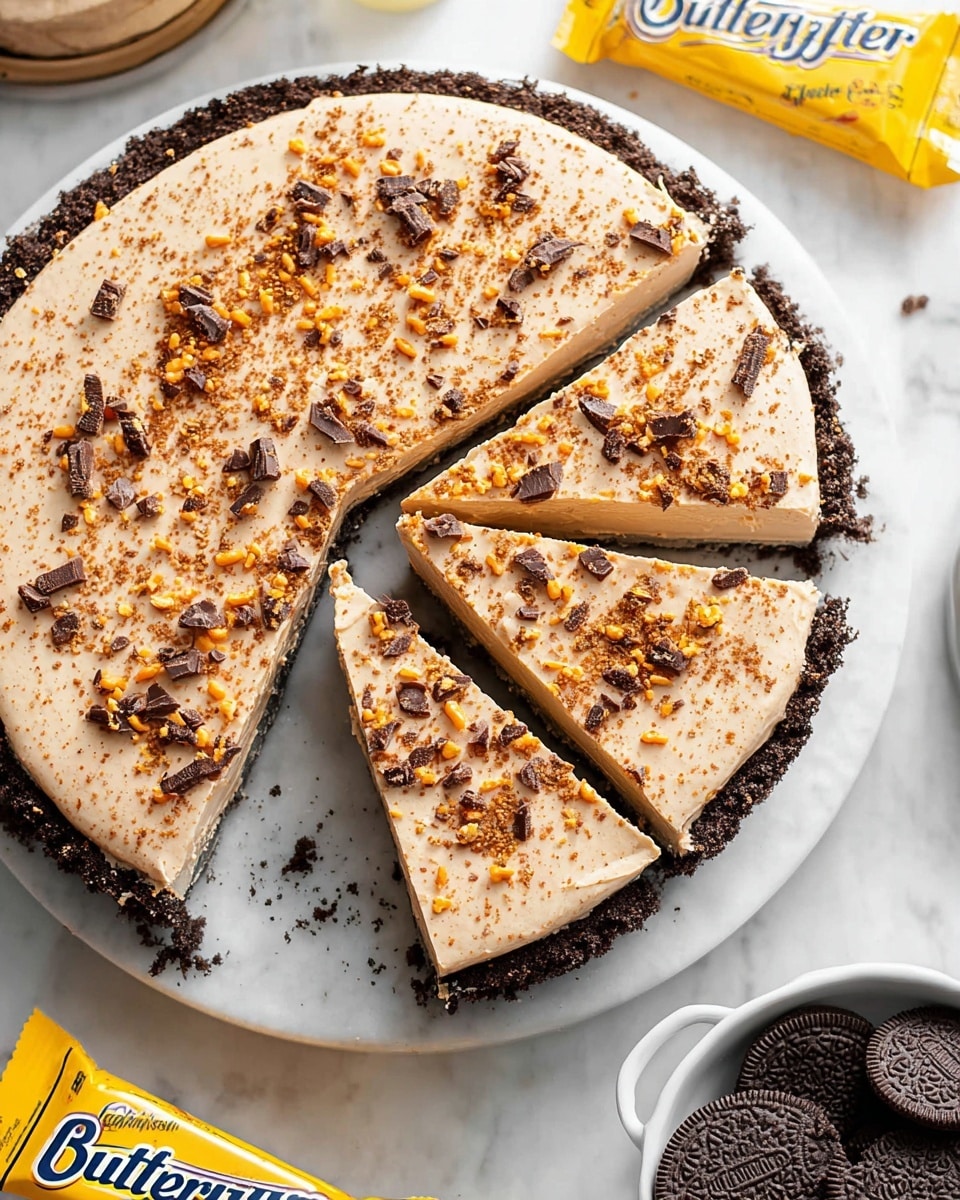 A round pie with three visible layers sits on a white marbled surface. The bottom layer is a thick, dark brown crumbly crust, forming the base. The middle layer is a smooth, creamy light brown filling with a soft texture. The top layer is sprinkled with small, irregular bits of chocolate and orange candy pieces scattered evenly across the surface. The pie is cut into six triangular slices, with one slice slightly pulled away. Nearby, a white bowl filled with chocolate sandwich cookies and yellow wrappers of Butterfinger candy bars are visible. Photo taken with an iphone --ar 4:5 --v 7