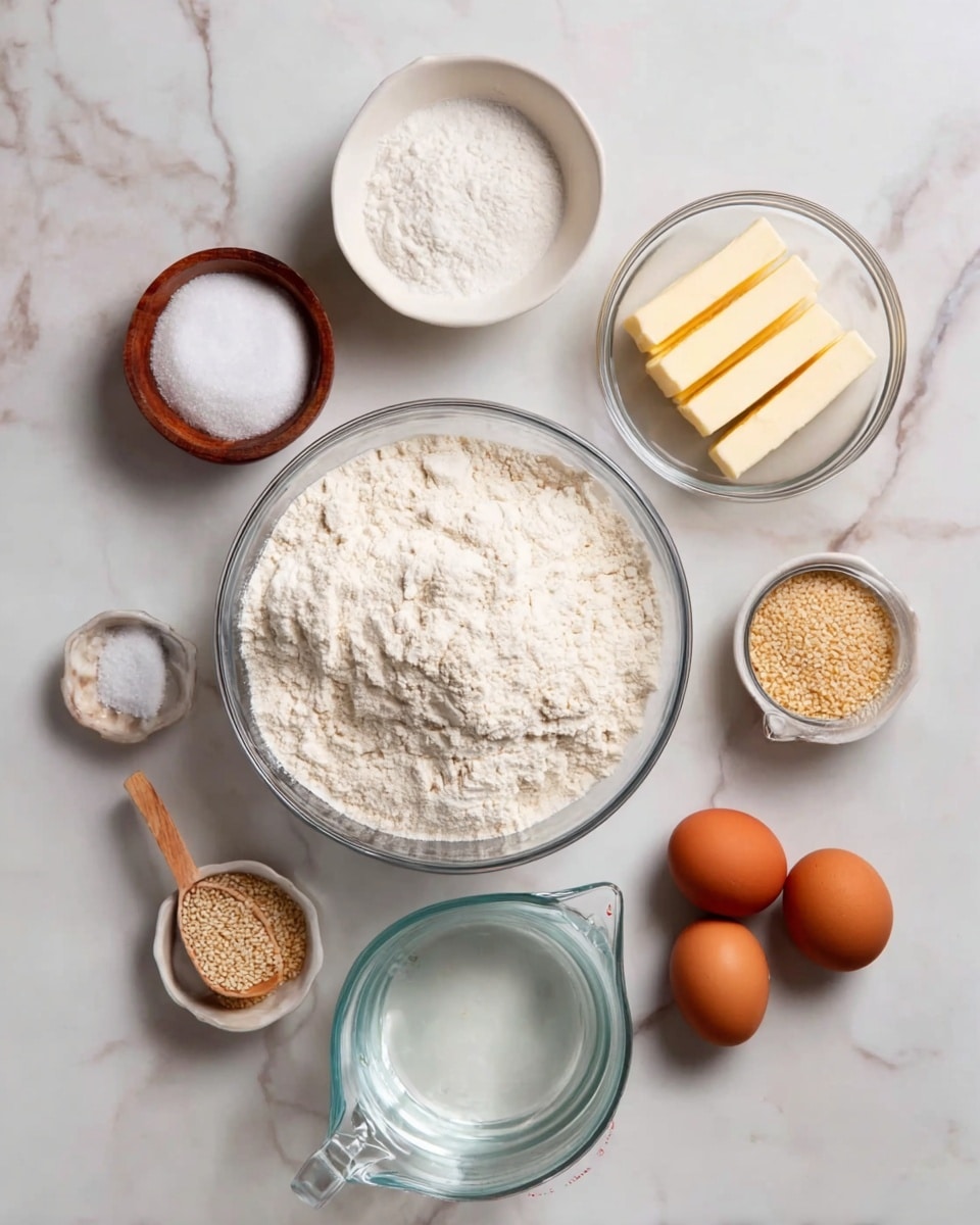 The image shows a top view of baking ingredients arranged on a white marbled surface. At the center is a large clear glass bowl filled with white flour. To the top right of it is a small clear glass bowl with three sticks of pale yellow butter. Above the flour, there is a small white bowl filled with white granulated sugar and next to it on the left side is a small white bowl containing light beige yeast. Near the bottom middle of the image is a clear glass measuring cup filled with clear water. To the right side near the bottom are two brown eggs next to a small brown bowl filled with light brown sesame seeds. On the left side near the bottom is a small white bowl with coarse salt and a small wooden spoon inside it, and above that is a small glass container with white liquid, likely milk. The layout is neat and the colors are soft and natural. Photo taken with an iphone --ar 4:5 --v 7