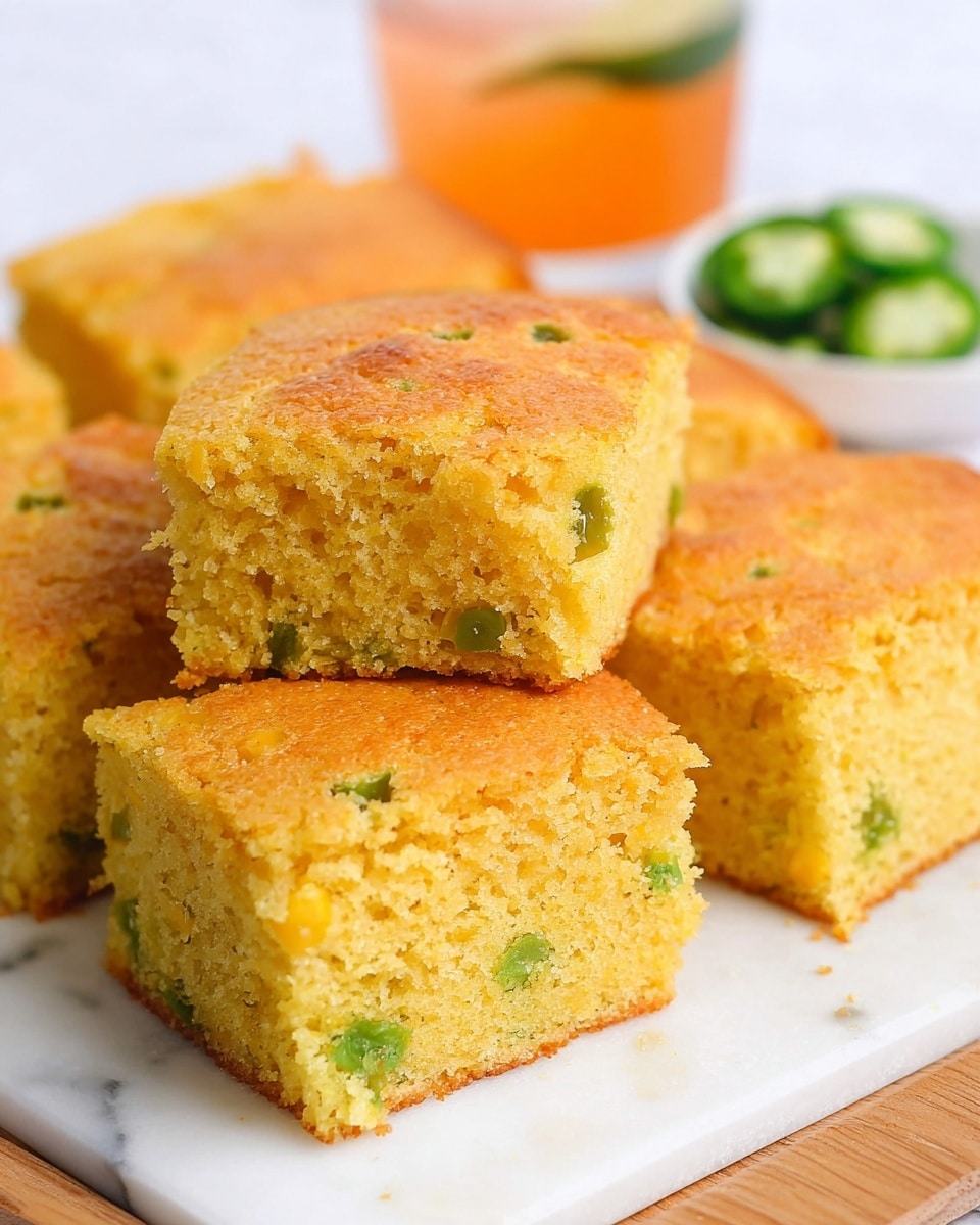 The image shows several square pieces of cornbread on a white plate, with a golden-brown top layer that is slightly uneven in texture. The inside layers are a soft yellow color with small green bits, likely jalapeños, evenly spread throughout giving it a speckled appearance. The cornbread pieces are thick, with about three visible layers: the top crust, a middle moist crumb layer, and a bottom baked layer that is slightly darker in color. In the background, there is a blurred glass with an orange drink and a lime wedge on the white marbled surface. Photo taken with an iphone --ar 4:5 --v 7