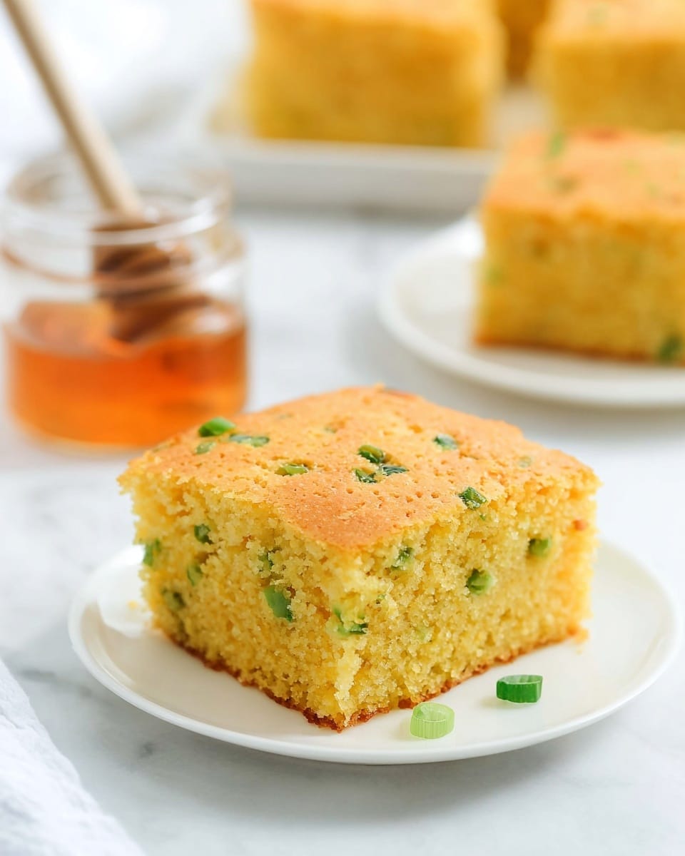 A single square piece of cornbread with a light golden brown top and a moist, crumbly texture inside is placed on a white plate. The cornbread has small green bits distributed throughout the yellow crumb layer. A wooden honey dipper is held above the cornbread, with golden honey slowly dripping down onto the top and pooling slightly on the plate. The setting shows a white marbled background and a glass baking dish with more cornbread blurred in the back. Photo taken with an iphone --ar 4:5 --v 7
