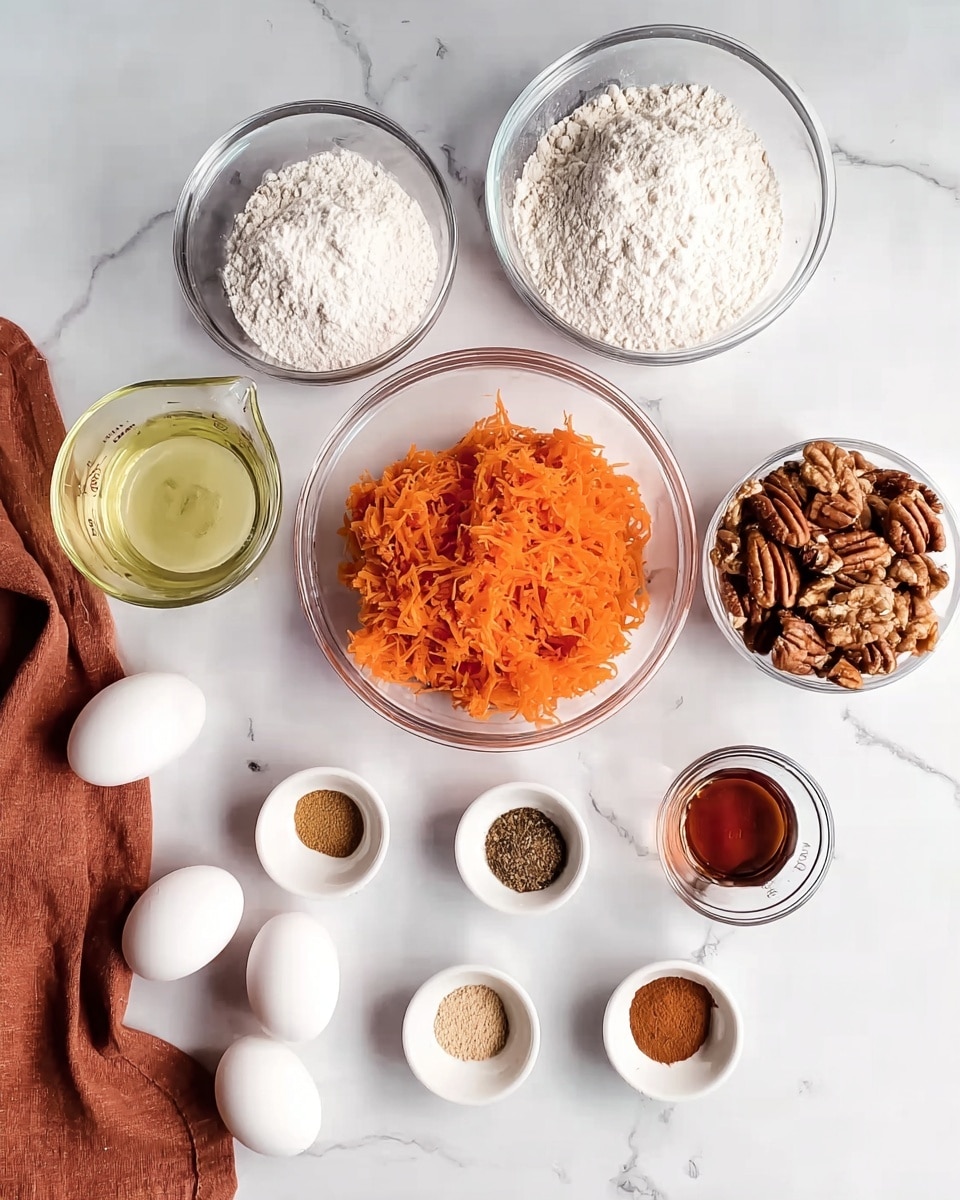The image shows several clear glass bowls and small white dishes arranged neatly on a white marbled surface. At the center is a bowl with bright orange shredded carrots. Above it, two medium-sized bowls hold white flour and sugar. To the right, a bowl contains whole pecans, while a small glass bowl beside it has a dark amber liquid, likely vanilla extract. On the left, a clear glass measuring cup contains a light yellow liquid, probably oil. Below the carrots, four white dishes hold various spices in shades of brown and beige. At the bottom left corner, four white eggs rest on a rust-colored cloth, creating a warm contrast with the white marbled background. photo taken with an iphone --ar 4:5 --v 7