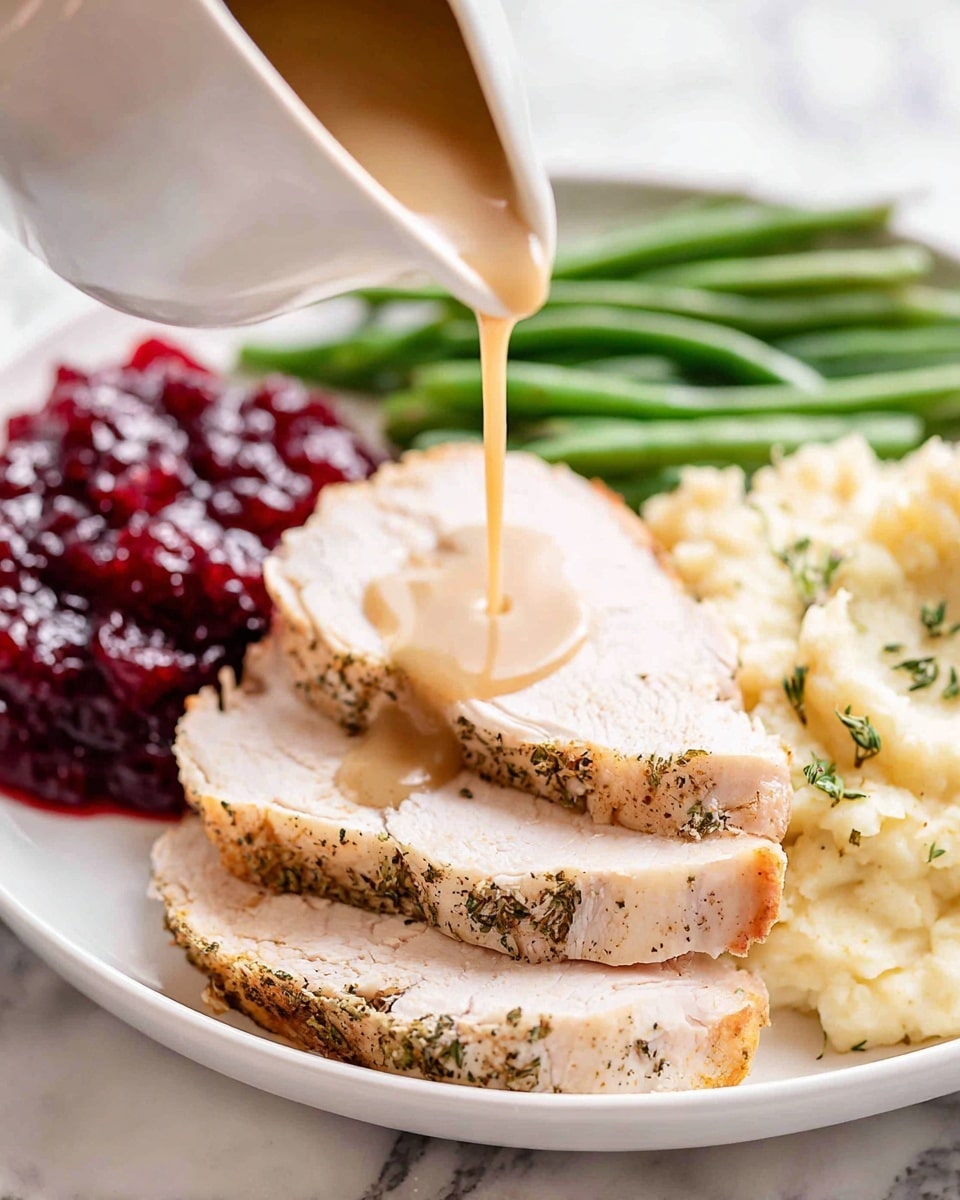 A white plate sits on a white marbled surface holding two thick slices of roasted turkey layered at the front center, pale beige with seasoned brown edges and sprinkled green herbs. To the left and partially behind the turkey slices is a mound of dark red, jiggly cranberry sauce with a shiny texture. To the right of the turkey are fresh, bright green beans in a small pile with smooth surfaces. On the far right of the plate are creamy mashed potatoes with a soft, lumpy texture and light seasoning. A white gravy boat held by a woman's hand pours smooth, light brown gravy directly over the top turkey slice. Photo taken with an iphone --ar 4:5 --v 7