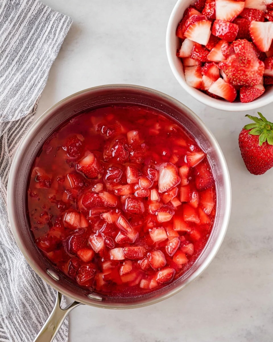 The image shows a shiny silver pan filled with a bright red mixture of small, soft strawberry pieces that look like they are cooking in a syrupy liquid, creating a glossy texture. Above the pan, slightly to the right, there is a white bowl filled with fresh diced strawberries that are red and white with some green leaves visible on one large strawberry beside the bowl. The pan and bowl are placed on a white marbled surface, with part of a gray and white striped cloth visible under the pan handle at the bottom left. The whole setting is bright and clean. photo taken with an iphone --ar 4:5 --v 7