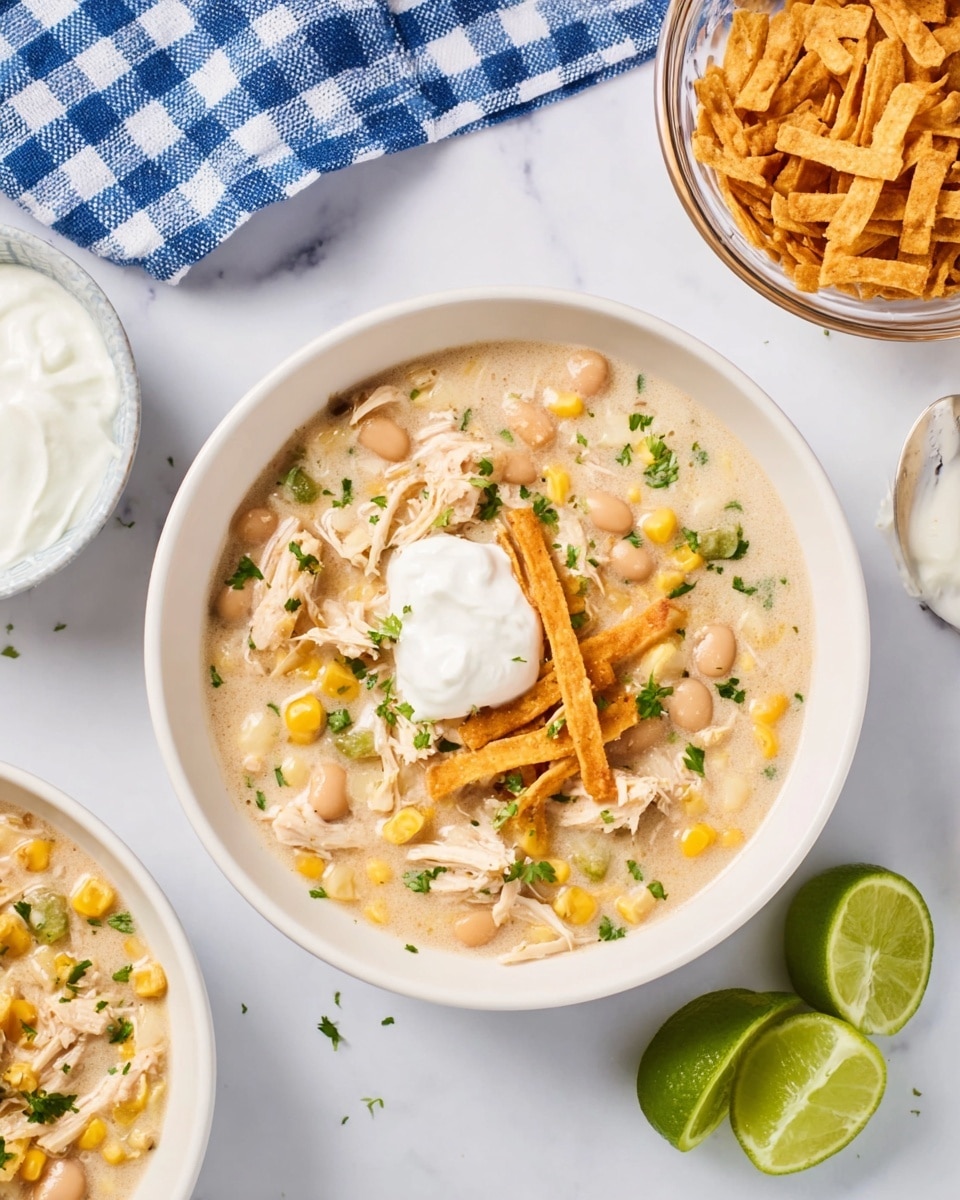 In a white bowl on a white marbled surface, a creamy soup is served with shredded light chicken pieces, white beans, yellow corn kernels, and small green herb flakes mixed in. On top, three golden brown crunchy strips sit in the center, with a dollop of white sour cream next to bright green lime wedges placed on the right side of the bowl. Nearby, there is a small white bowl of sour cream, a clear glass bowl filled with more crunchy strips, and a blue and white checkered cloth partially visible in the top left corner. Photo taken with an iphone --ar 4:5 --v 7