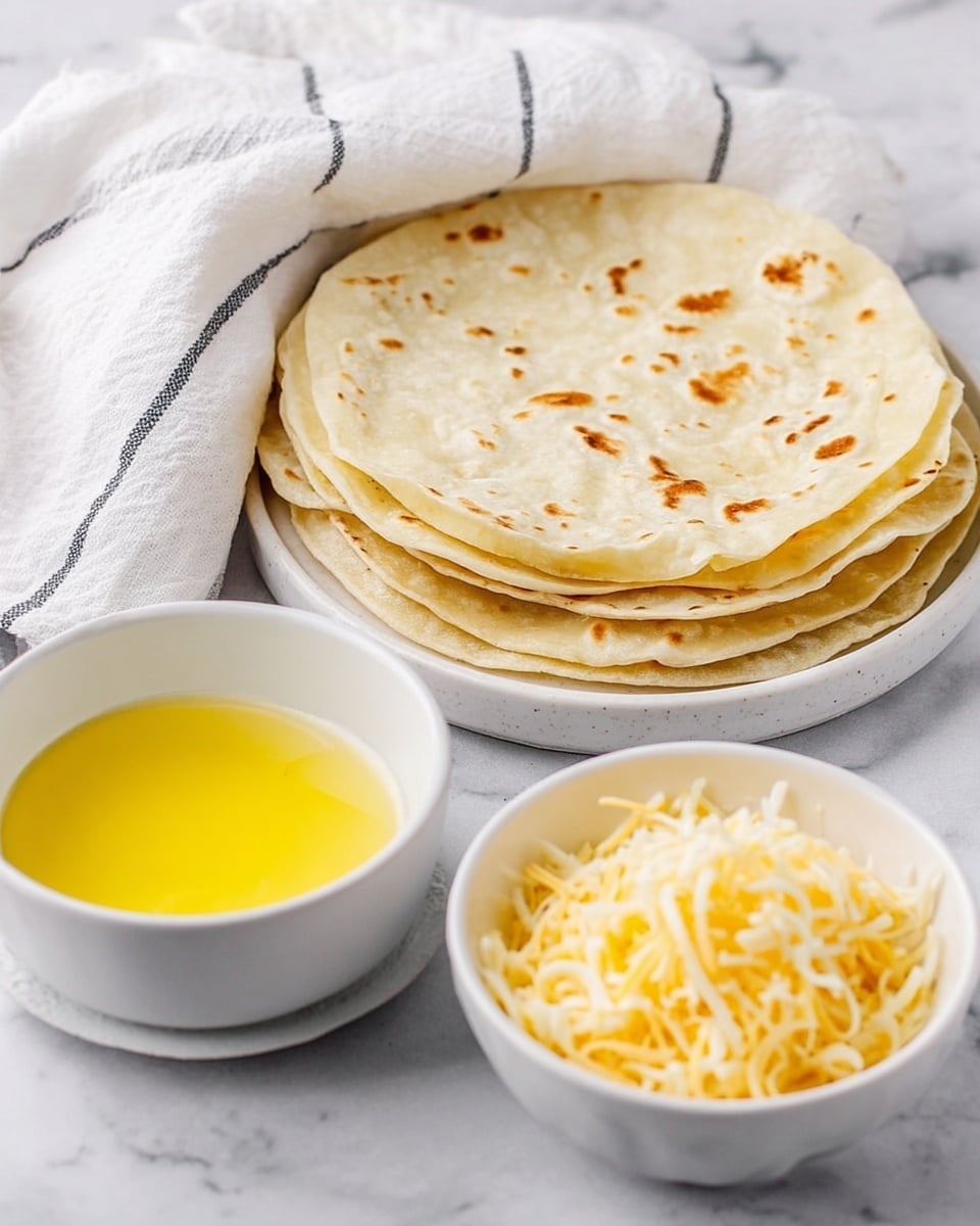 A stack of six soft, light beige tortillas with brown spots lies on a white rounded plate, partially covered by a white cloth with thin black stripes, placed on a white marbled surface. Next to the plate, there is a white bowl filled with a mix of shredded yellow and white cheese, showing fine strands and a fluffy texture. In front of the cheese bowl, there is a white bowl with melted yellow butter, smooth and glossy on the surface. photo taken with an iphone --ar 4:5 --v 7