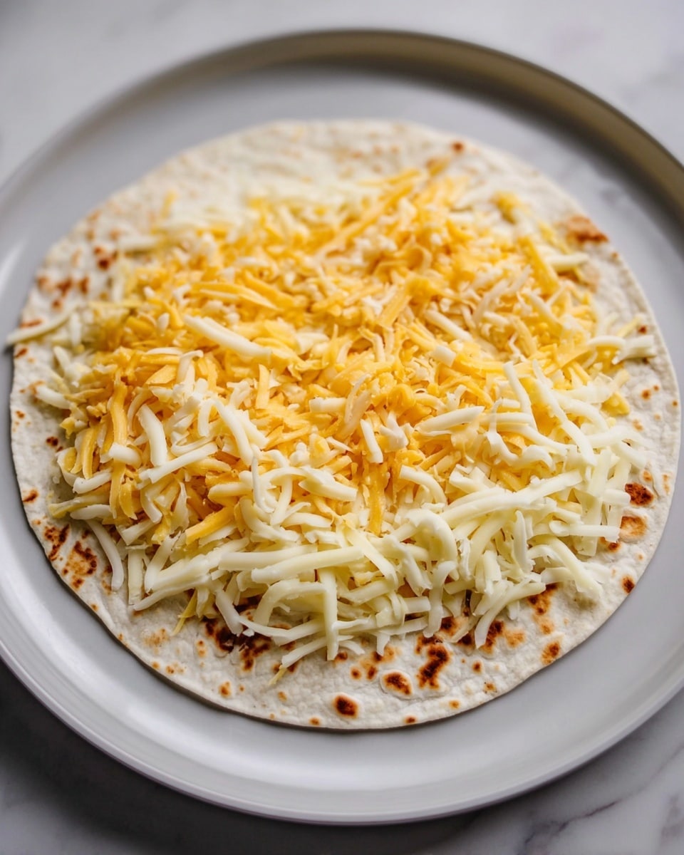 A round flat tortilla with small browned spots is placed in the center of a white plate on a white marbled surface. On top of the tortilla, there is a thick layer of shredded cheese in two colors: white and yellow, spread evenly all over the flatbread. The cheese strands are thin and vary in length, some laying flat while others curl slightly, creating a textured and piled look. The cheese covers almost the entire tortilla, leaving only the edges slightly visible. The photo taken with an iphone --ar 4:5 --v 7