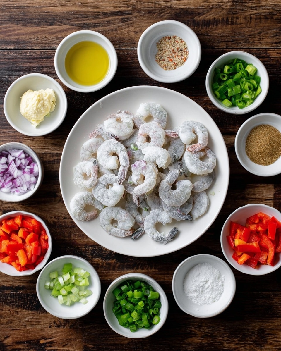 The image shows a large white plate in the center filled with frozen shrimp, each covered in a light layer of frost and slightly curled with grayish tails. Surrounding this plate are ten small white bowls placed in a circle on a dark wooden surface. The bowls contain, starting from the top left and moving clockwise: minced garlic in a creamy pale yellow, finely chopped red onions in purple and white, chopped green onions with bright green pieces, a small amount of light beige powder, a mix of light brown and green seasoning, chopped light green leeks, a white powder that looks like flour, diced red bell peppers with vibrant red pieces, chopped green bell peppers, a clear light yellow liquid that appears to be oil, and a mixed seasoning with green and beige tones. The background is a white marbled texture. Photo taken with an iphone --ar 4:5 --v 7