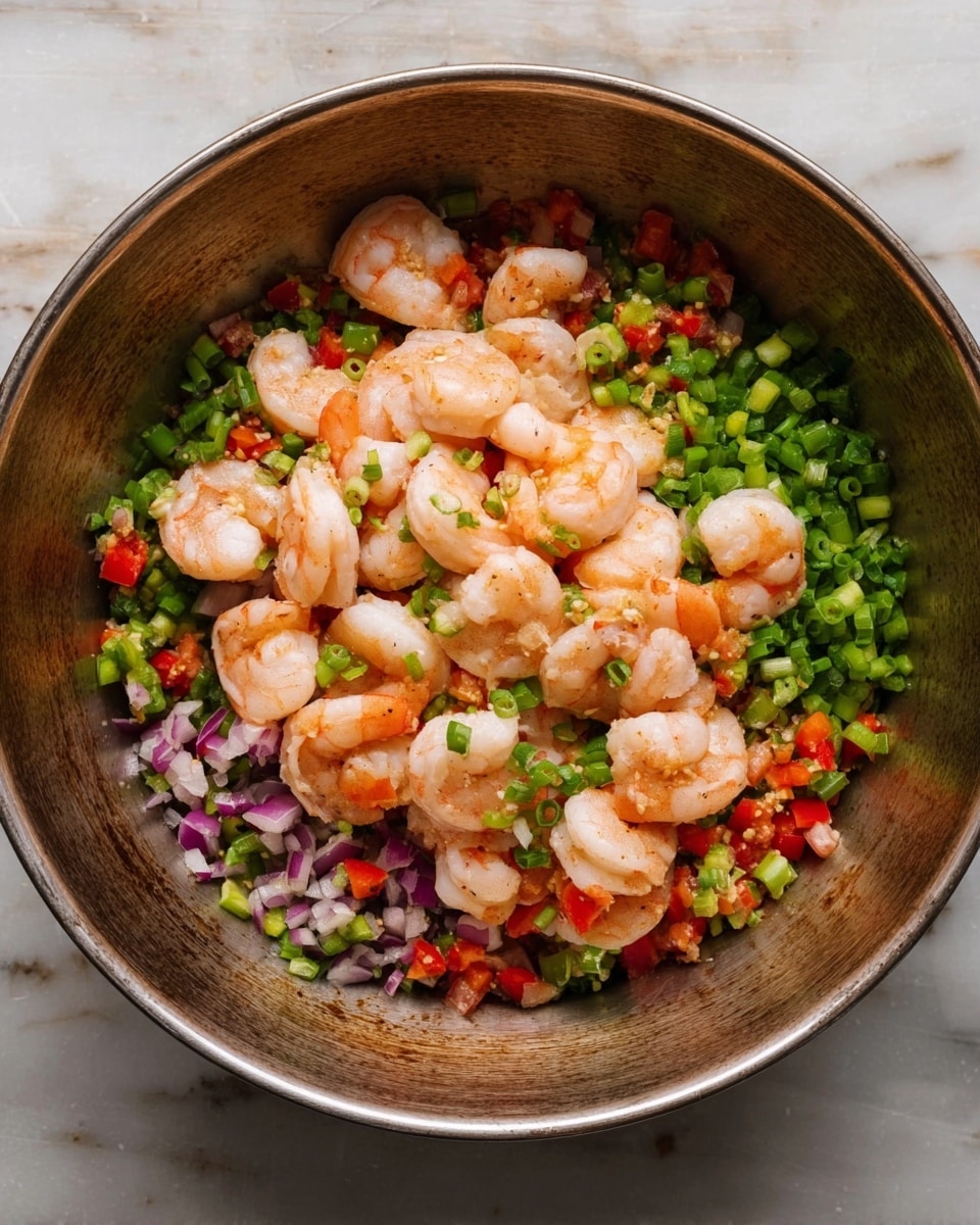 In a large metal bowl, there is one layer of small chopped green onions, red and green bell peppers, and purple onions spread evenly along the bottom and sides. On top, a layer of pale pink cooked shrimp with orange tails covers most of the diced vegetables. Light seasoning is sprinkled on the shrimp, with some green onions scattered over the shrimp layer. The bowl is placed on a white marbled surface. photo taken with an iphone --ar 4:5 --v 7