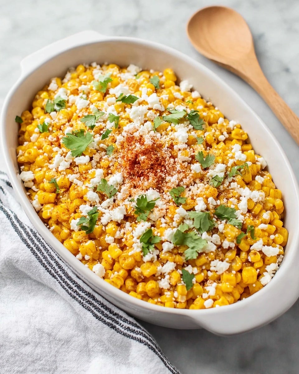 The dish is served in a white oval bowl filled with bright yellow cooked corn mixed with spices. It has a topping of crumbled white cheese spread unevenly on the corn. There are small green cilantro leaves scattered on top, adding a fresh look. In the middle, there is a dusting of red chili powder giving a contrasting pop of color. The bowl is placed on a white marbled surface with a white and black striped cloth under one side and a wooden spoon to the right of the bowl. Photo taken with an iphone --ar 4:5 --v 7
