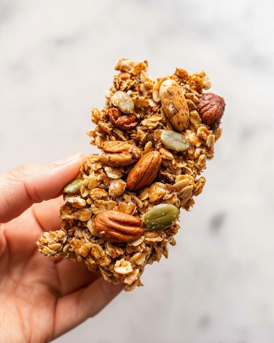 A close-up shows a woman's hand holding a piece of nut and seed granola bar against a white marbled background. The granola bar is thick and uneven in shape, with visible layers of toasted oats, whole nuts like pecans, almonds, and cashews, and green pumpkin seeds scattered throughout. Small round seeds and clusters of oats add texture, making the surface look crunchy and uneven. The colors range from golden brown to light amber, with nuts adding darker brown and green shades for contrast, all tightly packed together. photo taken with an iphone --ar 4:5 --v 7