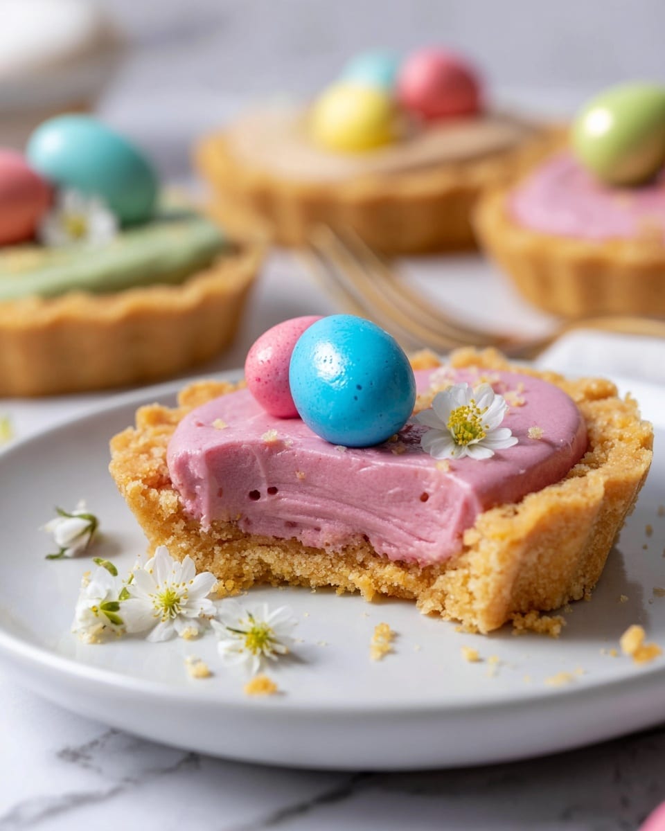 The image shows a close-up of a tart with three layers. The bottom layer is a golden-brown crumbly crust shaped like a small pie shell. On top is a thick, smooth layer of pink creamy filling with a soft texture. The tart is decorated with three small, shiny candy eggs in green, pink, and blue colors. Delicate white flowers with yellow centers are placed around the candies. The tart sits on a white plate, and in the background, there are other tarts with green and beige filling and similar candy decorations. The surface under the plate is white with a marbled pattern. Photo taken with an iphone --ar 4:5 --v 7