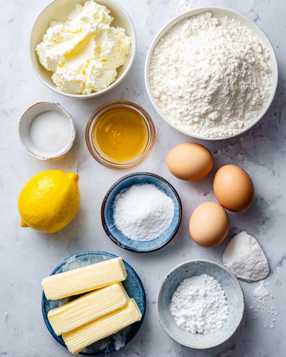 The image shows a collection of baking ingredients neatly arranged on a white marbled surface. There is a bowl filled with white ricotta cheese sitting beside a white bowl full of white flour. Three light brown eggs are placed near a bright yellow lemon and a small clear bowl of golden vanilla extract. A gray bowl contains white granulated sugar, and two sticks of light yellow butter wrapped in paper are placed diagonally at the bottom left. A small blue and white bowl holds dollops of baking powder and salt, adding contrast to the light colors around. The setup is well-lit and clean, giving a calm, fresh baking vibe. photo taken with an iphone --ar 4:5 --v 7