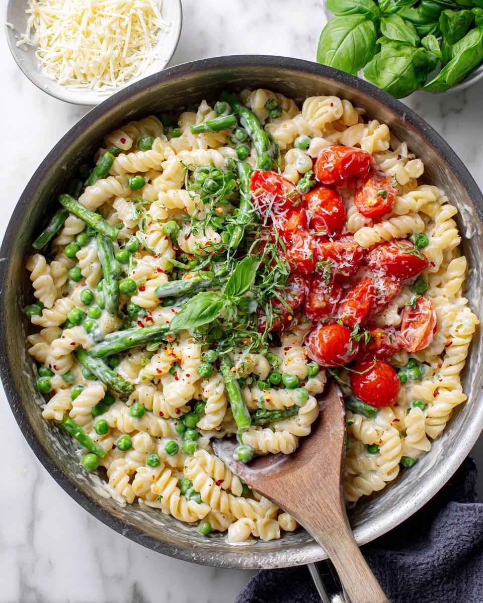 This image shows a close-up of a creamy pasta dish with one main layer of elbow macaroni in light yellow color, mixed with vibrant green peas and green beans cut into small pieces scattered throughout. Bright red cherry tomatoes, some whole and some halved, are also mixed in. The pasta is topped with a generous layer of finely grated white cheese and small green herb leaves, adding freshness. The dish has some black pepper flakes and red chili flakes sprinkled on top, creating small dark and red specks. The meal is served in a white bowl placed on a white marbled surface. photo taken with an iphone --ar 4:5 --v 7