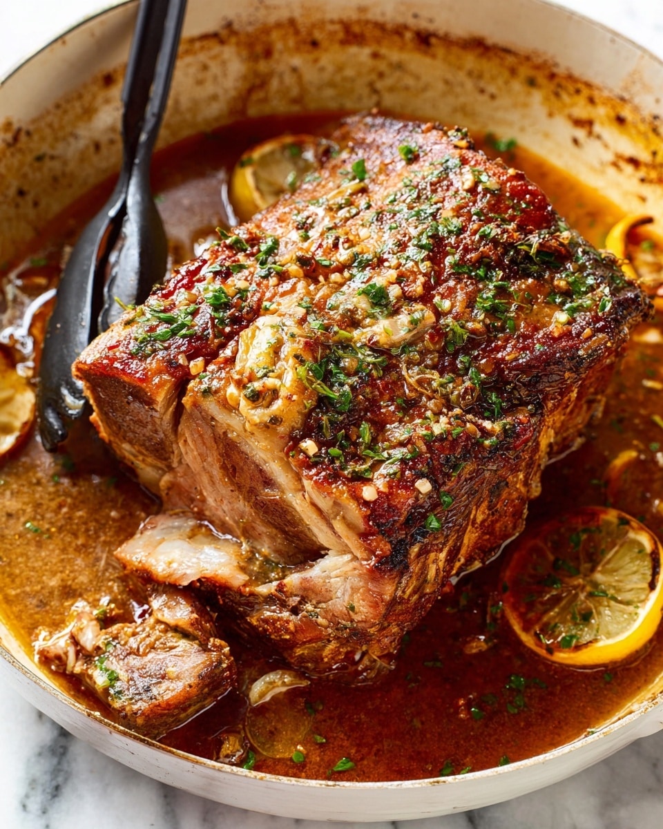 A large thick piece of cooked meat with a bone in the middle sits in a white pan filled with brown sauce. The top of the meat is covered with green herbs and small bits of seasoning, having a slightly crisp and caramelized look. Around the meat, there are slices of lemon partly covered by the sauce and some smaller meat pieces on the side. A pair of black tongs is holding one of the smaller pieces of meat near the bottom left corner. The pan has browned spots along the edge, and the whole scene is set on a white marbled surface. Photo taken with an iphone --ar 4:5 --v 7