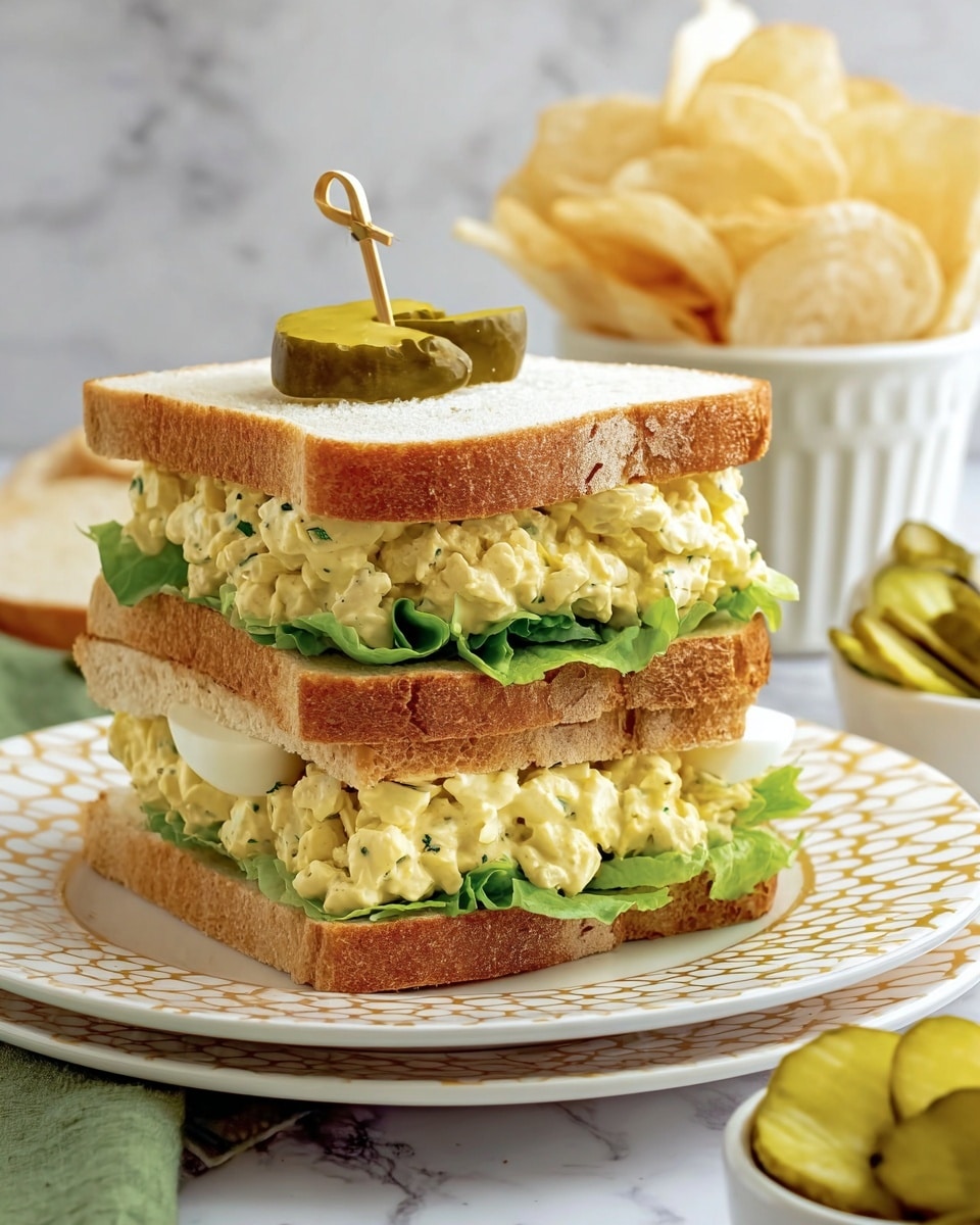 A sandwich is stacked in two layers on a white plate with a honeycomb pattern resting on a white marbled surface. The bottom layer has a thick slice of white bread, fresh green lettuce, and a creamy, chunky yellow egg salad with visible small green bits. The top layer mirrors the bottom with the same ingredients but smaller slices of bread, and the sandwich is secured with a wooden skewer topped by two pickle slices. Behind the sandwich, a bowl filled with light golden potato chips and slices of white bread appear blurred. There is also a small white bowl with bright green pickle slices to the right of the plate. The photo taken with an iphone --ar 4:5 --v 7