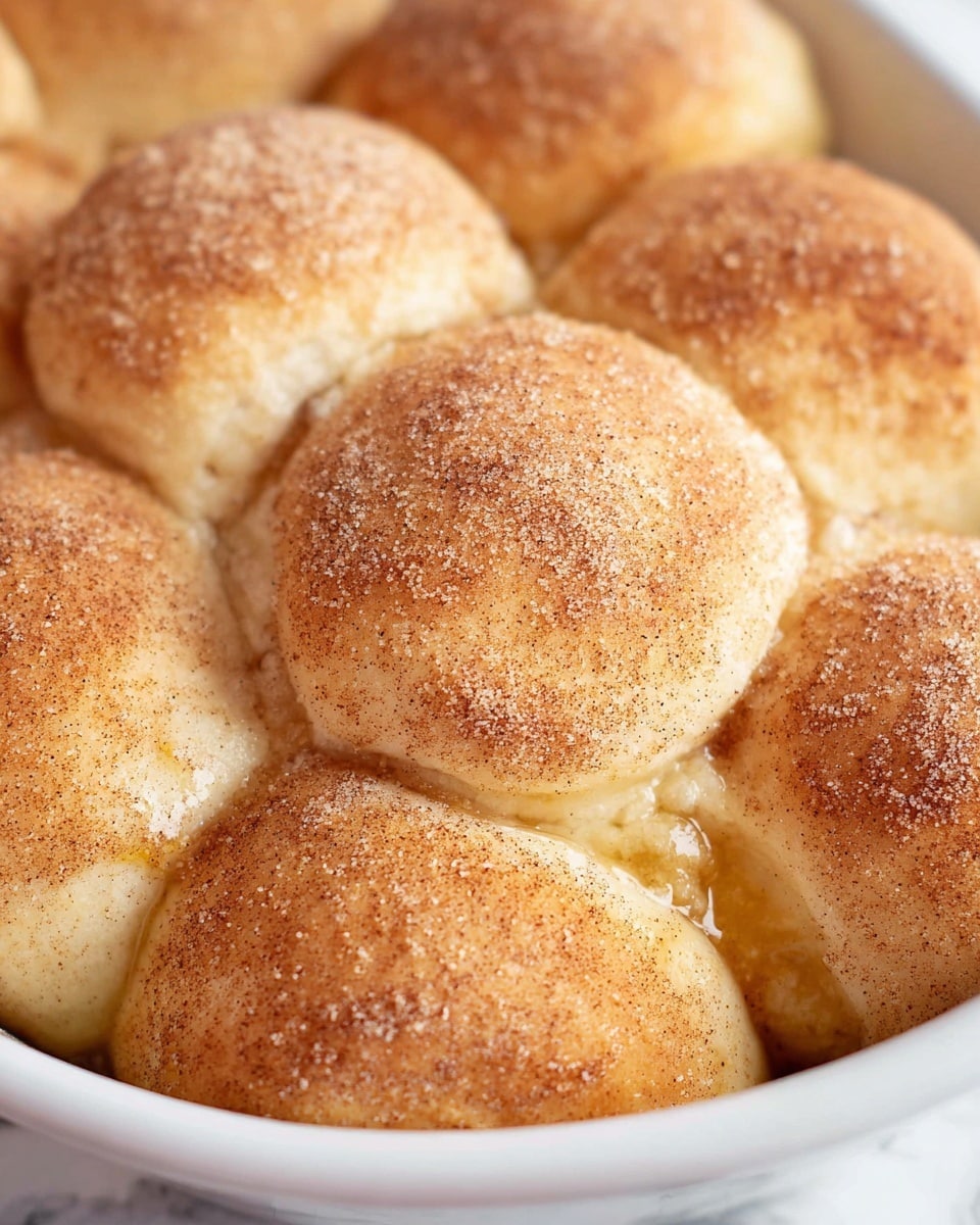 The image shows a close-up of several soft, round rolls tightly placed in a white dish. Each roll has a light golden-brown color with a slightly textured surface, sprinkled evenly with fine cinnamon and sugar dust, giving them a warm, cozy look. The rolls are sitting close to each other, some edges touching, and there is a shiny, slightly bubbly butter glaze visible between the rolls, adding a moist, rich texture. The background is a white marbled surface, keeping the focus on the golden rolls. photo taken with an iphone --ar 4:5 --v 7