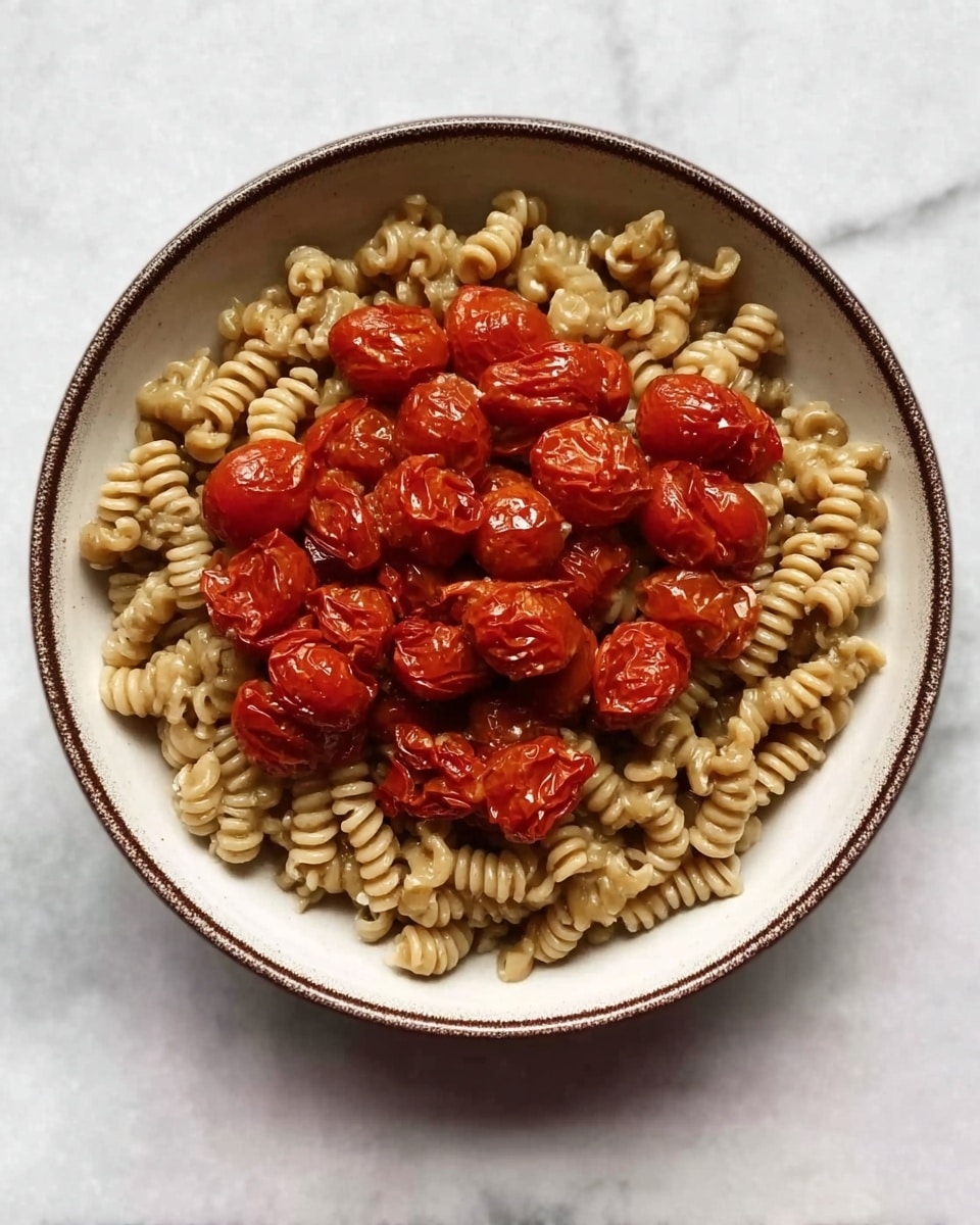 A white bowl filled with two layers of food is shown from above on a white marbled surface. The bottom layer is light brown curly pasta with a slightly glossy texture, evenly spread to cover the bowl. On top, there is a heap of bright red roasted cherry tomatoes with wrinkled skins, clustered in the center of the pasta. The bowl has a thin dark rim along the edge. photo taken with an iphone --ar 4:5 --v 7