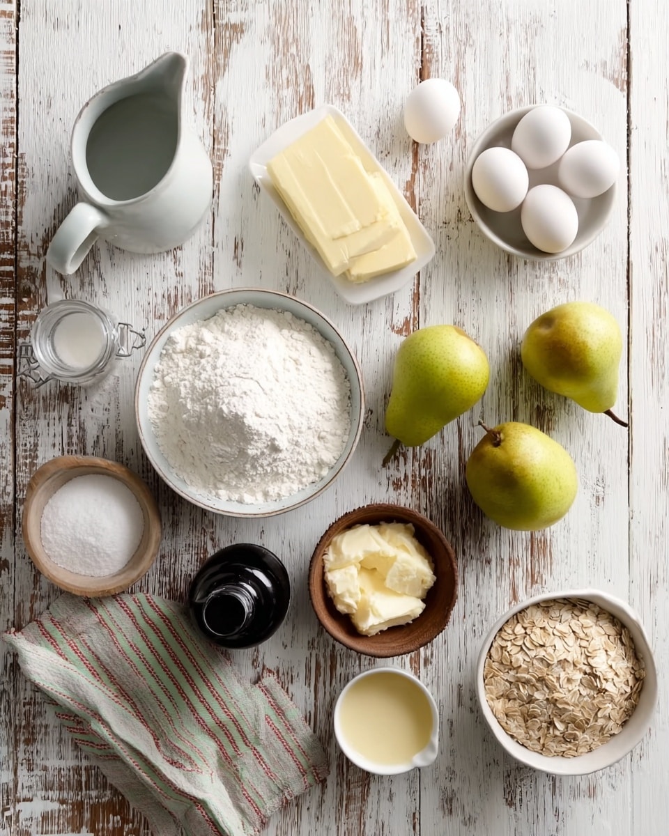 A worn, white wooden table holds various baking ingredients neatly arranged. On the left, a white pitcher filled with light gray flour sits beside a medium white bowl of white sugar. Near the top middle, two sticks of yellow butter lay side by side, with three white eggs next to them on the right. Below the eggs are three green pears grouped together. Small containers hold different ingredients: a small brown bowl with a light powder, a black bottle with dark liquid, and a small white cup with a creamy pale yellow substance. Another white bowl near the bottom right contains light brown oats. Two folded cloths with red and green stripes rest on the lower left corner. The scene is bright and clean, with a rustic, simple feel. photo taken with an iphone --ar 4:5 --v 7