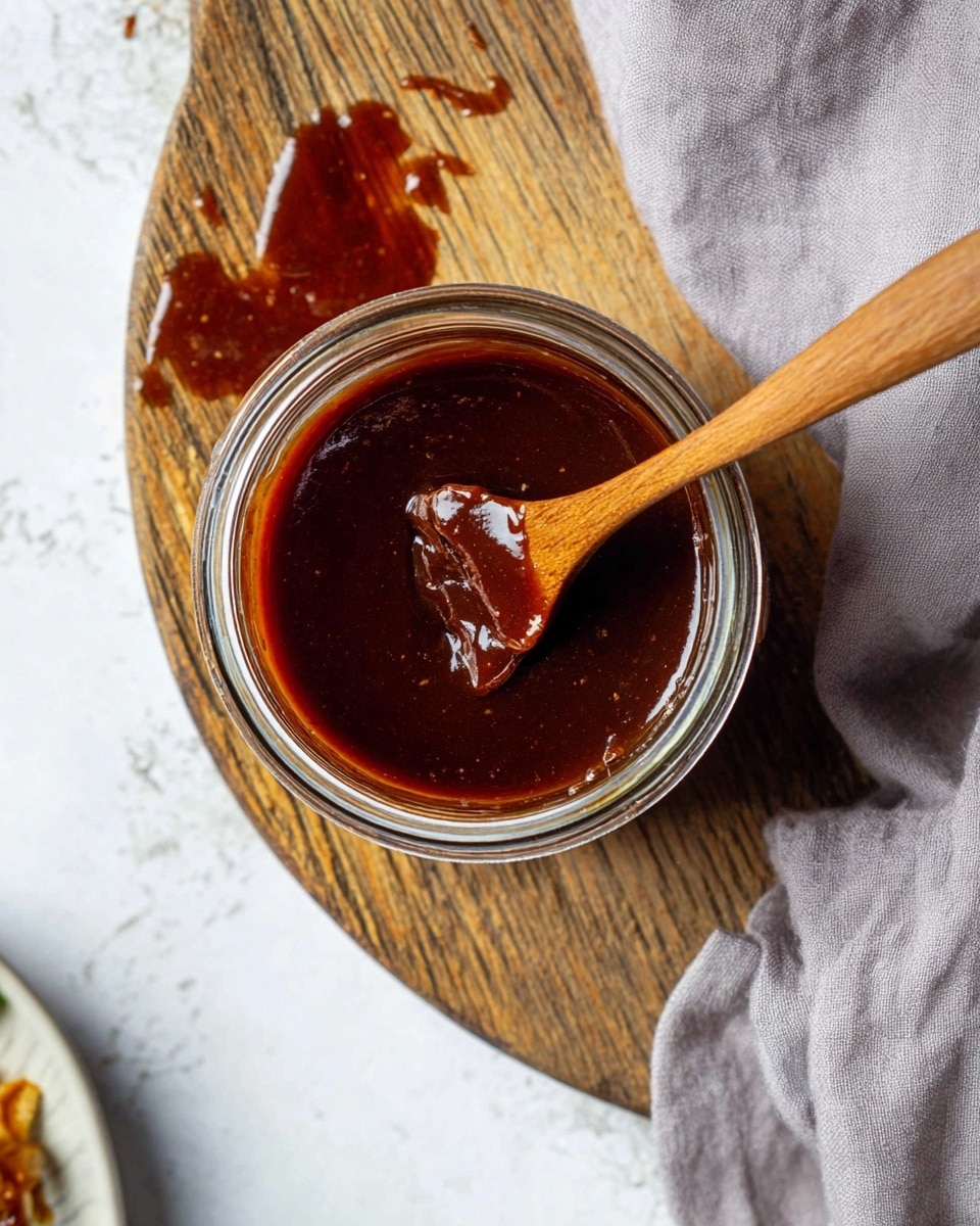 A glass jar viewed from above is filled with a thick dark reddish-brown sauce that has a smooth, shiny texture. A wooden spoon is resting inside the jar, partially dipped in the sauce with some sauce clinging to it. The jar is placed on a rustic wooden board with some of the sauce spilled next to it on the board, showing its sticky and glossy surface. A light grey cloth is casually placed beside the jar on the right, and a small part of a white plate with food is visible at the bottom left corner. The background surface is a white marbled texture photo taken with an iphone --ar 4:5 --v 7