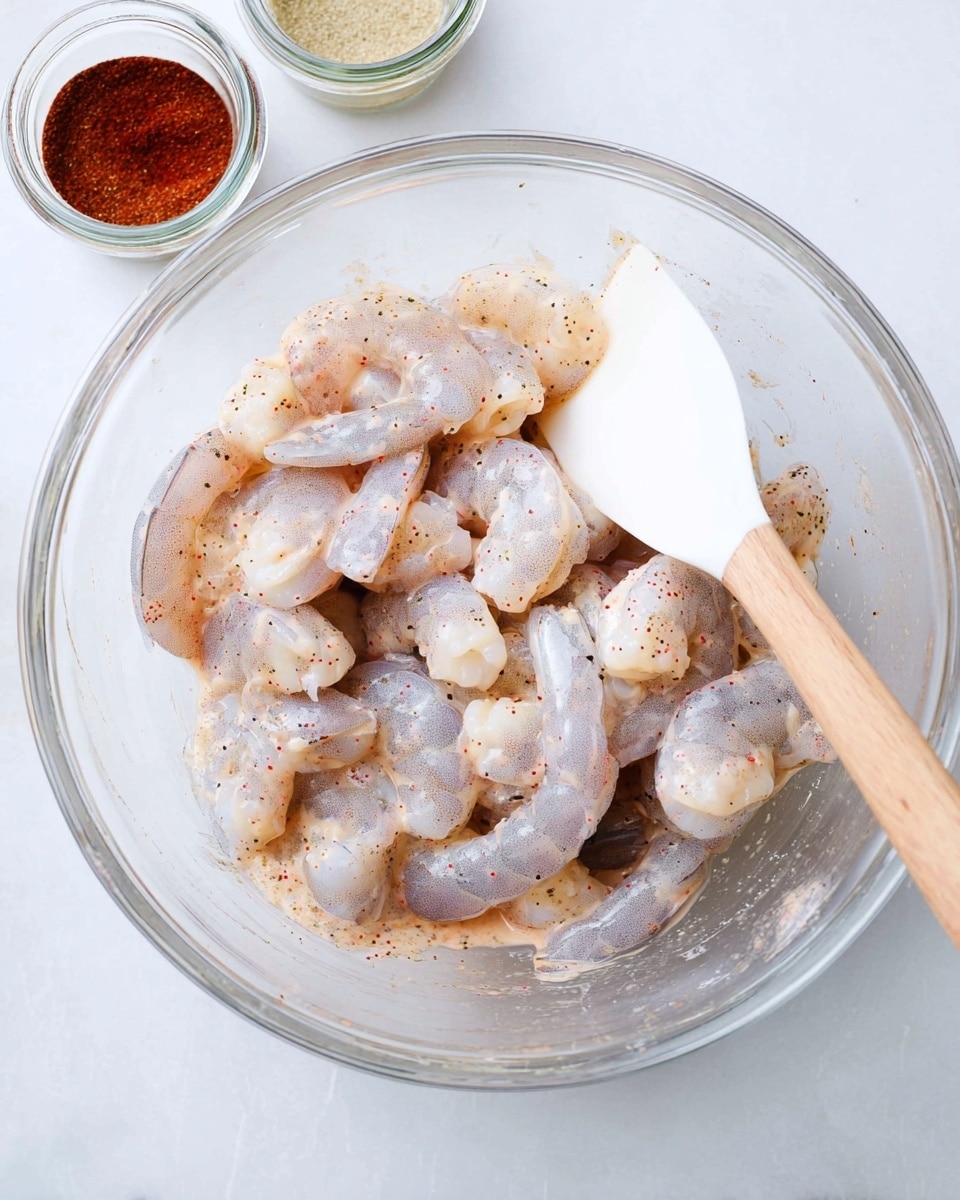 A clear glass bowl holds raw shrimp coated in a light pink marinade mixed with specks of black pepper, with a white spatula resting inside the bowl, its wooden handle pointing outward. In the upper left corner, two glass jars with light-colored spices, one dark red and one beige, are visible on a white marbled surface. The shrimp show varying shades of gray with some translucent parts under the marinade, creating a smooth and slightly shiny texture. photo taken with an iphone --ar 4:5 --v 7