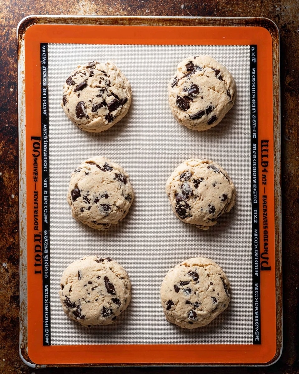 Six round cookies with a light beige color and dark chocolate chunks spread unevenly across each one are evenly spaced on a white silicone baking mat that has an orange border and black text. The cookies have a soft, slightly puffy texture and vary slightly in shape. The mat rests on a worn metal baking tray with a dark, rustic finish. photo taken with an iphone --ar 4:5 --v 7
