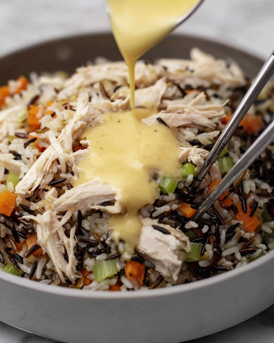 A close-up view of a bowl filled with three layers: at the base is a mix of white and wild rice with small pieces of green celery and orange carrot scattered throughout, on top are light-colored shredded chicken pieces, and a thick pale yellow sauce being poured in the center. A pair of silver chopsticks is partially visible, touching the food near the sauce. The bowl is white, sitting on a white marbled surface. Photo taken with an iphone --ar 4:5 --v 7