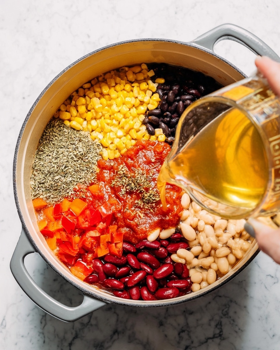 A round white pot with gray handles sits on a white marbled surface, filled with layers of colorful ingredients arranged side by side. Starting from the top left, there is a bright yellow layer of corn, next to finely chopped red bell peppers, then a layer of black beans, followed by creamy white beans. Below the beans, there are red kidney beans covered partially by a deep red tomato sauce topped with dried herbs. A woman's hand is pouring a golden liquid from a transparent measuring cup into the pot, adding a dynamic splash to the scene. The overall colors are bright and fresh, showing a rich mix of textures and ingredients. photo taken with an iphone --ar 4:5 --v 7