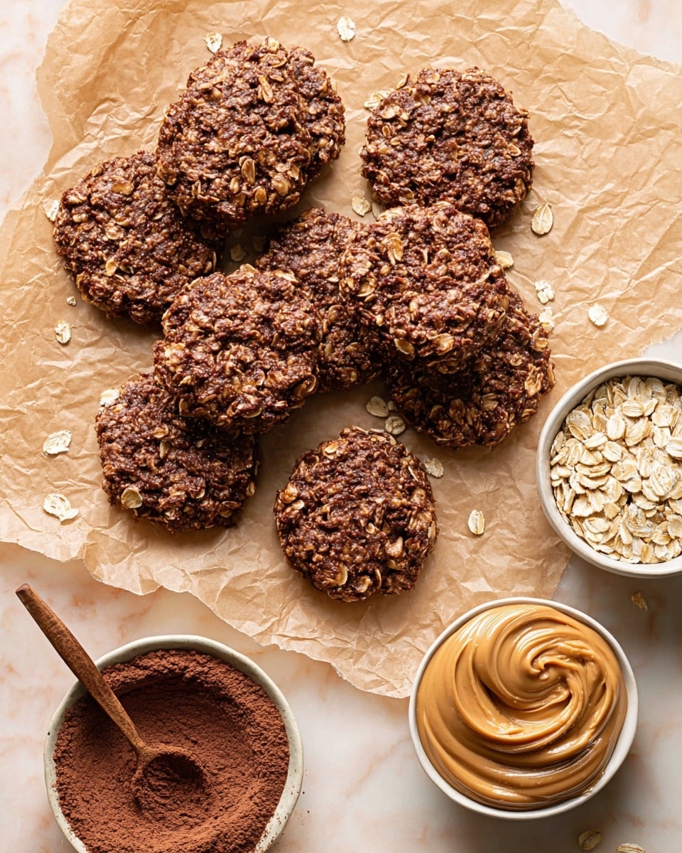 No Bake Chocolate Peanut Butter Protein Cookies Recipe 5 A group of eight oat cookies with a dark brown color and rough texture made of oats and cocoa are spread out on crumpled parchment paper, their uneven round shapes close to each other. To the right, there are two white bowls, one filled with smooth light brown peanut butter with swirled texture, and the other filled with dry pale oats. In the bottom left corner, a white bowl holds dark brown cocoa powder with a small wooden spoon resting inside. The entire setup is on a white marbled surface. photo taken with an iphone --ar 4:5 --v 7
