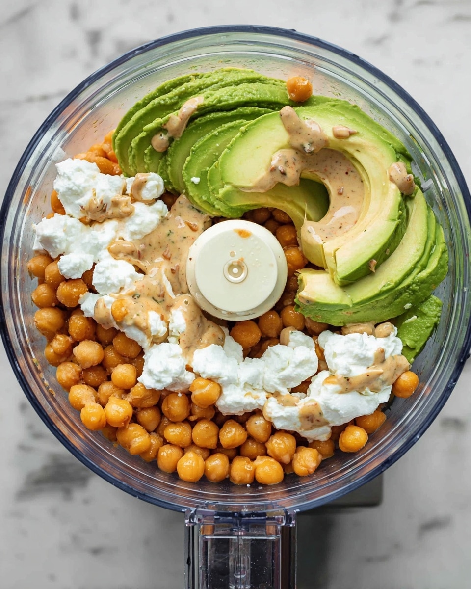 The image shows a food processor bowl filled with three main layers: at the bottom, there are chickpeas with a round, firm texture in a light orange color; on top, there are green avocado slices with a creamy texture; and scattered dollops of white creamy cottage cheese. A light tan sauce is drizzled over the avocado and chickpeas. The food processor is placed on a white marbled surface. Photo taken with an iphone --ar 4:5 --v 7