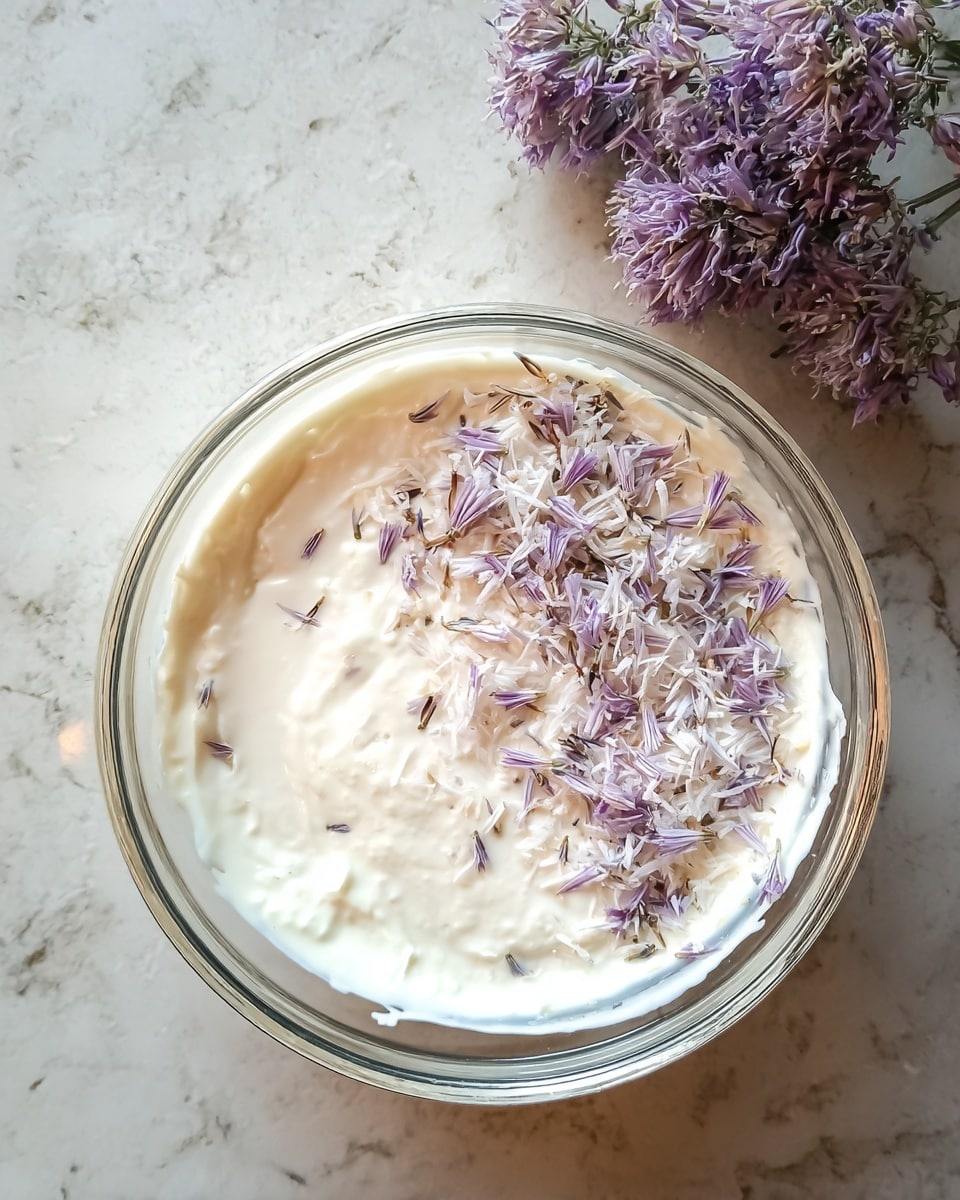 A clear glass bowl holds a creamy white mixture with a smooth texture filling most of the bowl, topped with finely shredded light purple and white flower petals arranged mainly on one half. The bowl sits on a white marbled surface with a small bunch of the same delicate flower petals placed to the top right side of the bowl. The overall look is fresh and soft with gentle colors and contrast photo taken with an iphone --ar 4:5 --v 7
