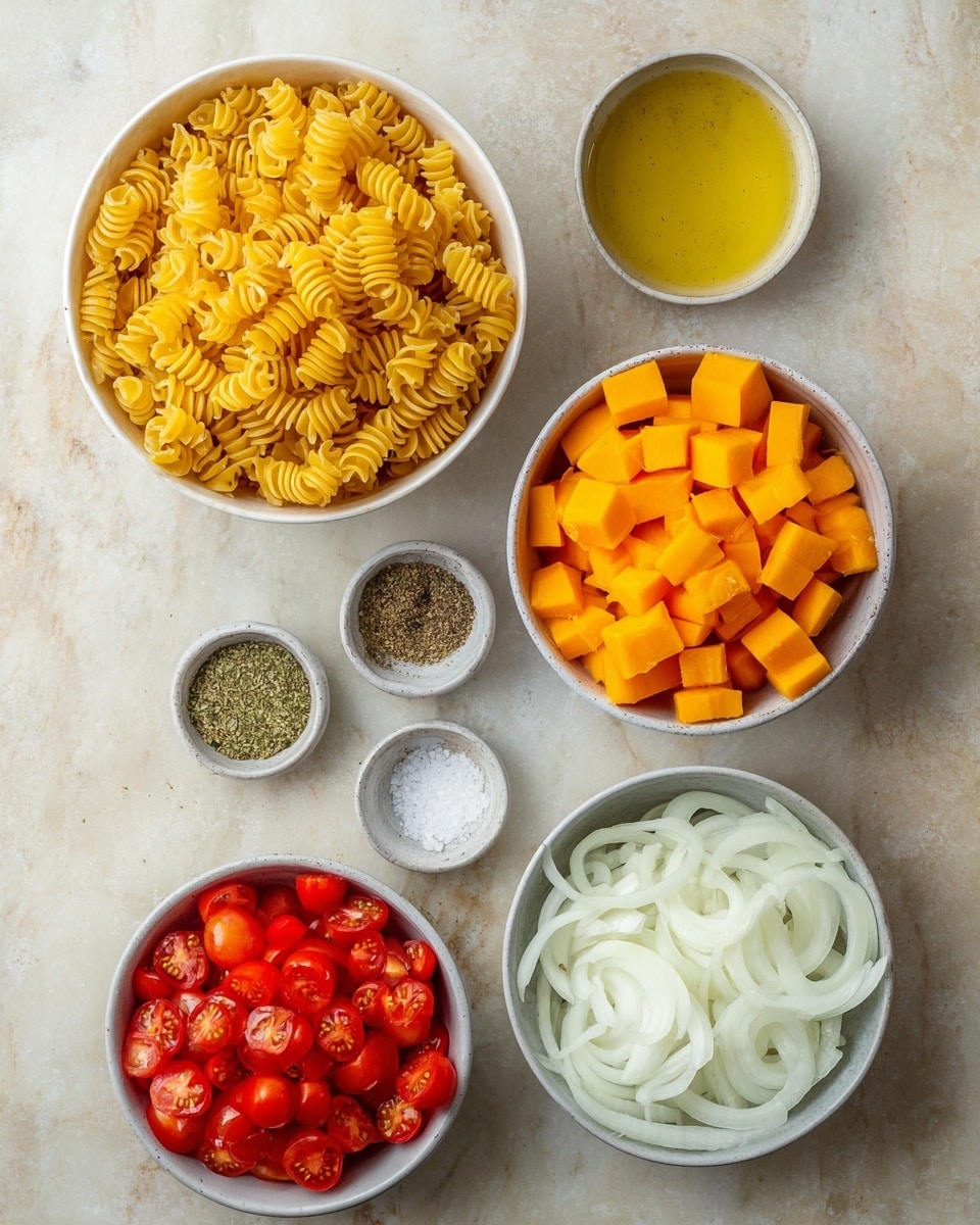 The image shows five white bowls on a white marbled surface with different ingredients. The top left bowl is filled with yellow radiatore pasta that has a ridged, spiral shape. To the right is a bowl with bright orange small cubed frozen butternut squash pieces. Below the pasta and squash bowls, in the center, is a small bowl with three piles of spices: dried herbs in green, ground black pepper, and white salt. To the left below that is a bowl filled with red cherry tomatoes cut into halves and quarters. To the right below that is a bowl filled with white sliced onion rings with a slightly translucent look. Next to the onion bowl, to the right center, is a small bowl with a golden-yellow liquid, likely olive oil. Photo taken with an iphone --ar 4:5 --v 7