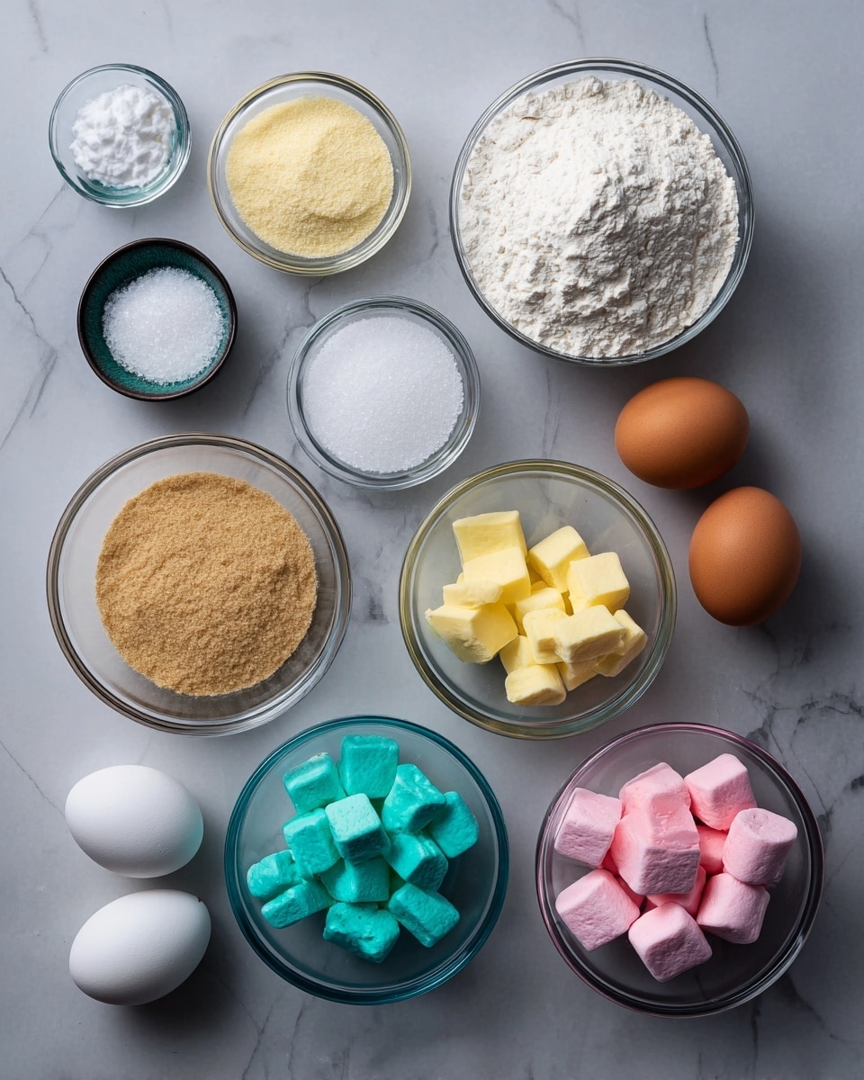 The image shows various baking ingredients arranged neatly on a white marbled surface. There are eleven glass bowls, each filled with different ingredients: a white powder in a large bowl (flour), a smaller bowl with white powder (baking powder), a small bowl with coarse white crystals (salt), a bowl with light brown granules (brown sugar), a bowl with small yellow pieces (butter), and three bowls containing colorful small marshmallows in pink, teal, and blue. Additionally, there are two whole brown eggs and two white eggs placed beside the bowls. The overall layout is clean, with each ingredient clearly visible and separated. Photo taken with an iphone --ar 4:5 --v 7